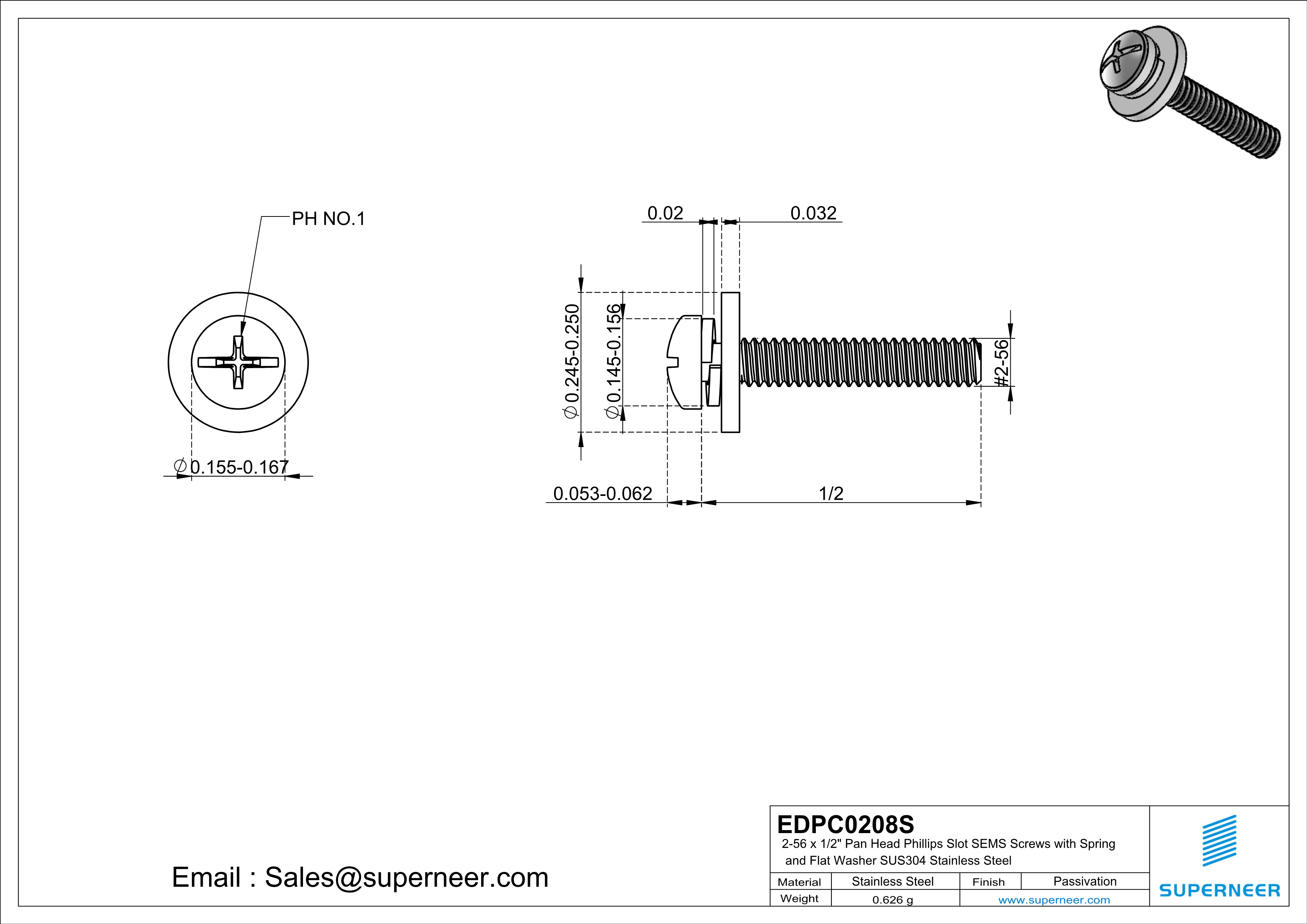 2-56 x 1/2" Pan Head Phillips Slot SEMS Screws with Spring and Flat Washer SUS304 Stainless Steel Inox