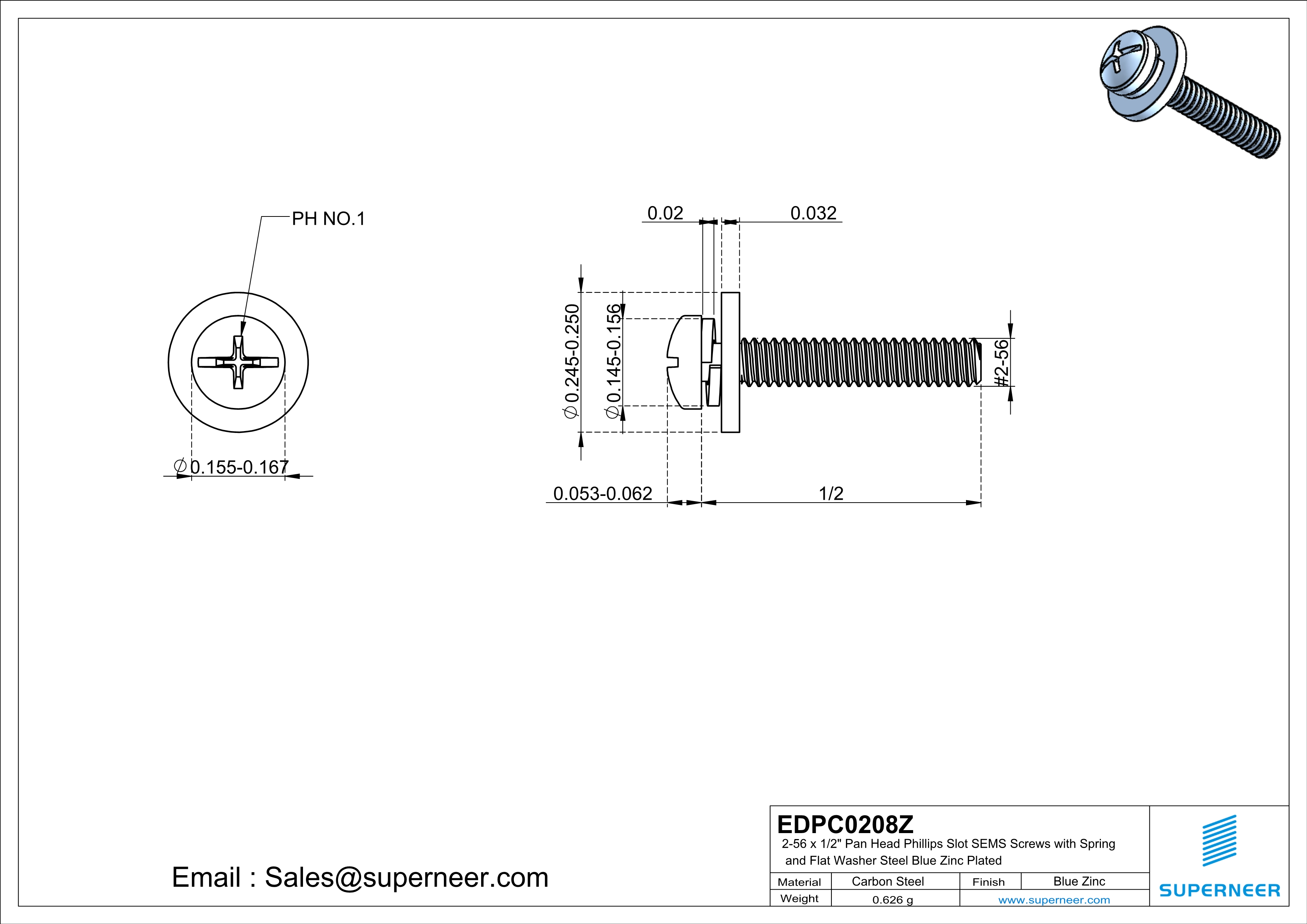 2-56 x 1/2" Pan Head Phillips Slot SEMS Screws with Spring and Flat Washer Steel Blue Zinc Plated