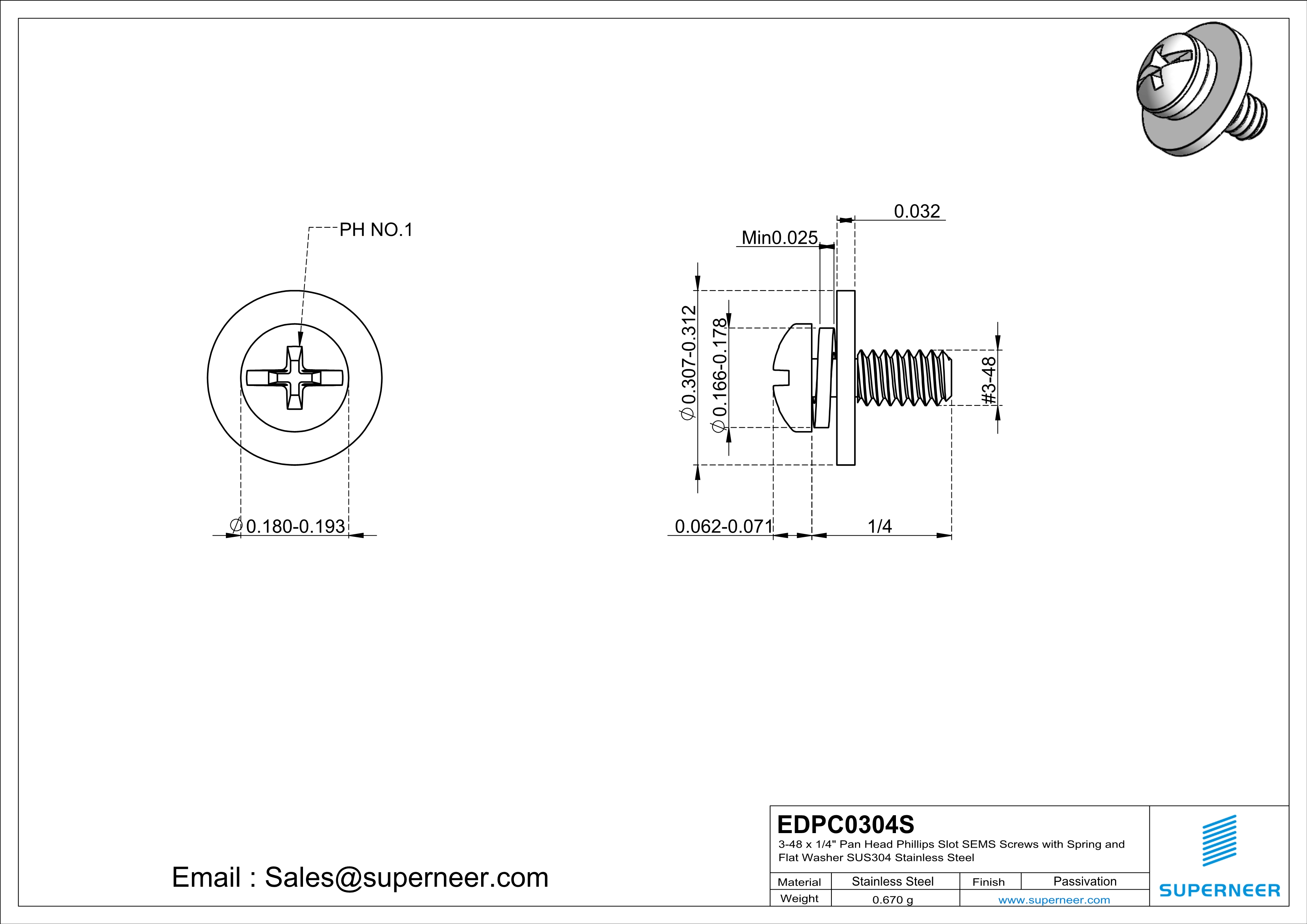 3-48 x 1/4" Pan Head Phillips Slot SEMS Screws with Spring and Flat Washer SUS304 Stainless Steel Inox