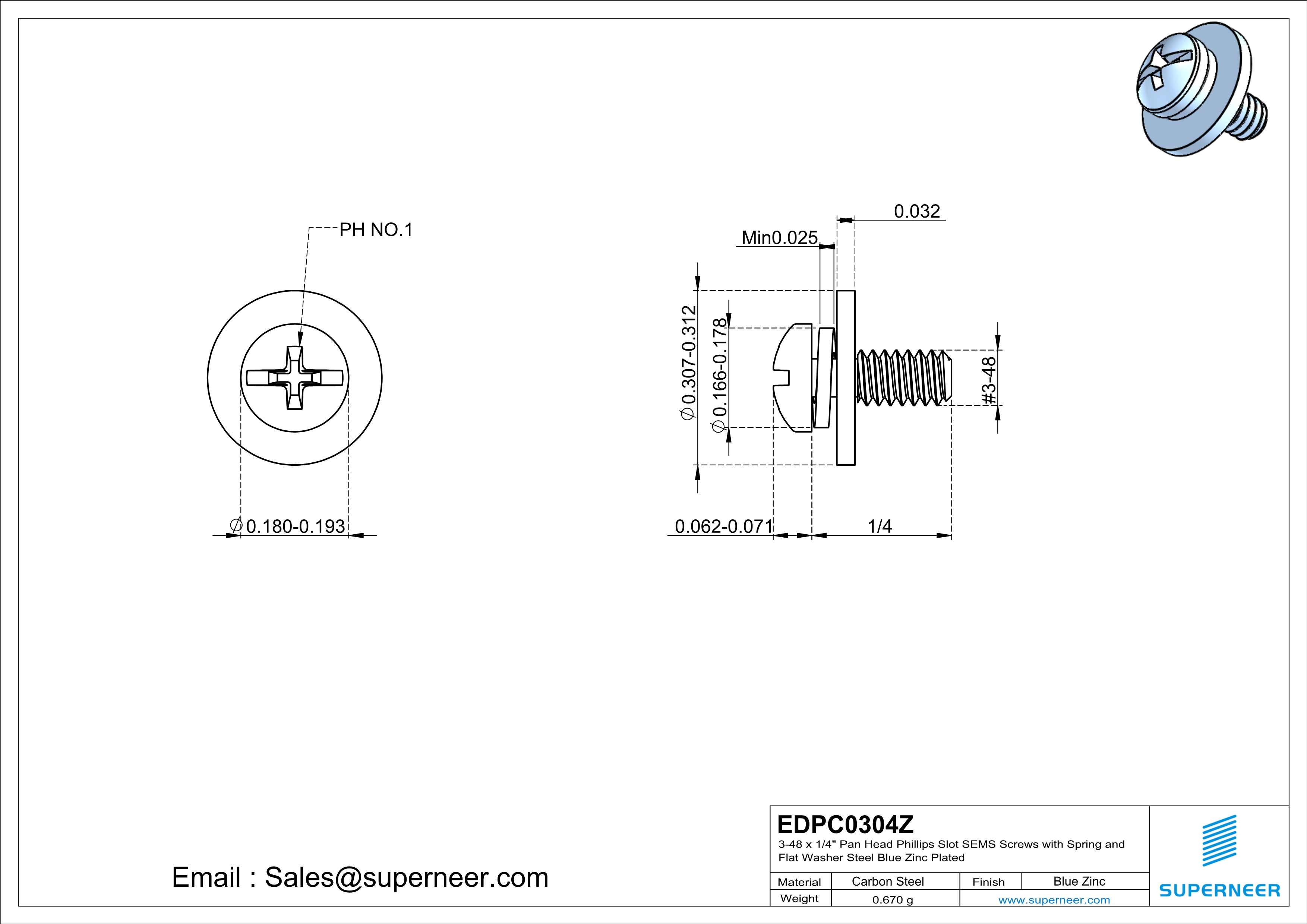 3-48 x 1/4" Pan Head Phillips Slot SEMS Screws with Spring and Flat Washer Steel Blue Zinc Plated