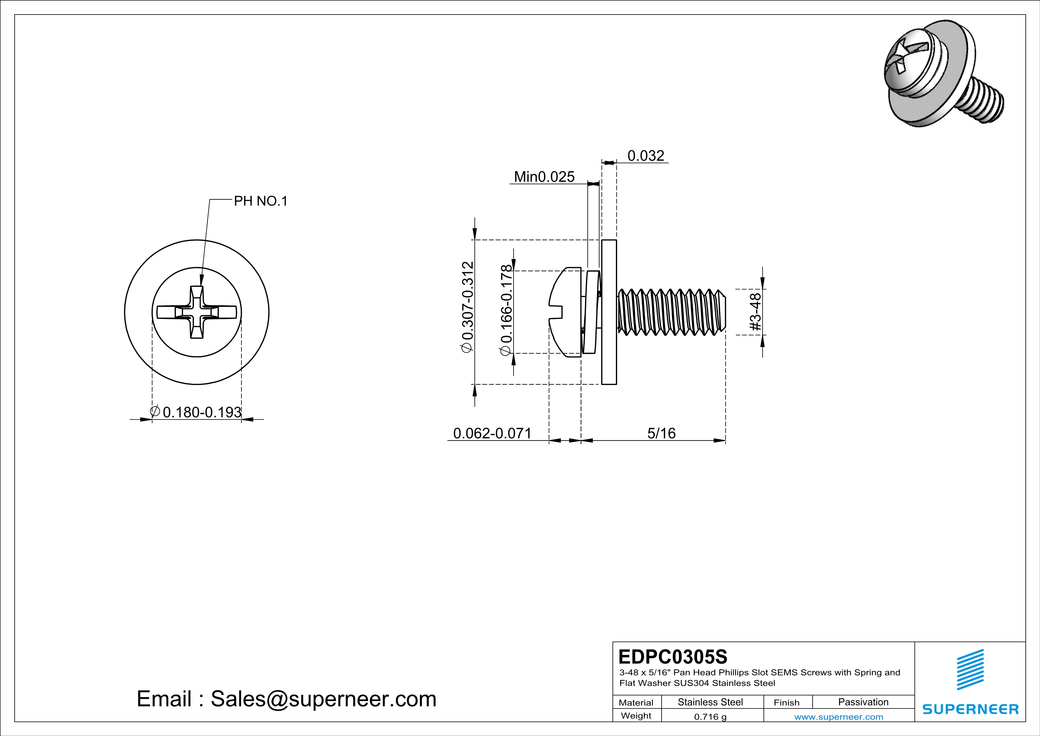 3-48 x 5/16" Pan Head Phillips Slot SEMS Screws with Spring and Flat Washer SUS304 Stainless Steel Inox