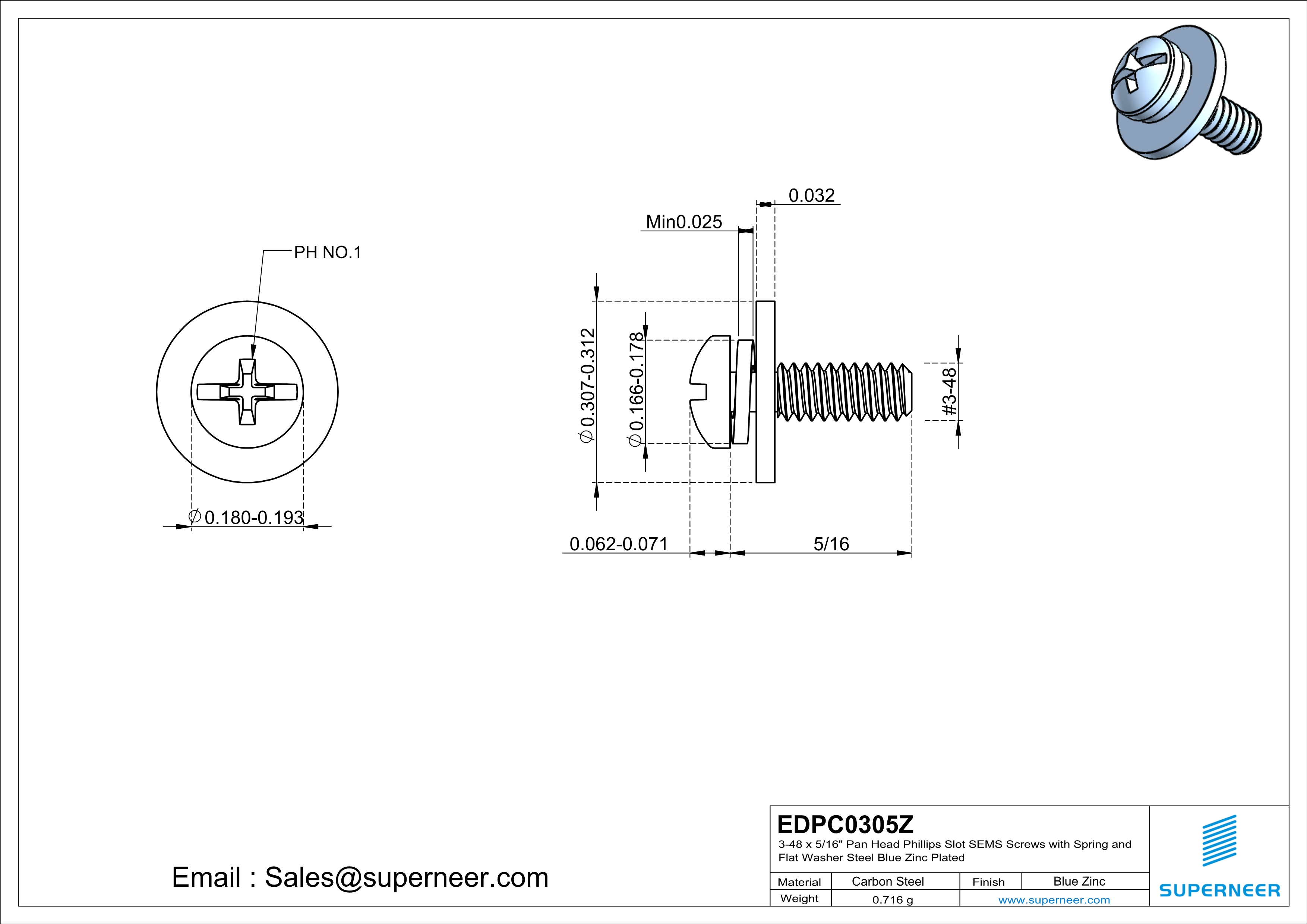 3-48 x 5/16" Pan Head Phillips Slot SEMS Screws with Spring and Flat Washer Steel Blue Zinc Plated