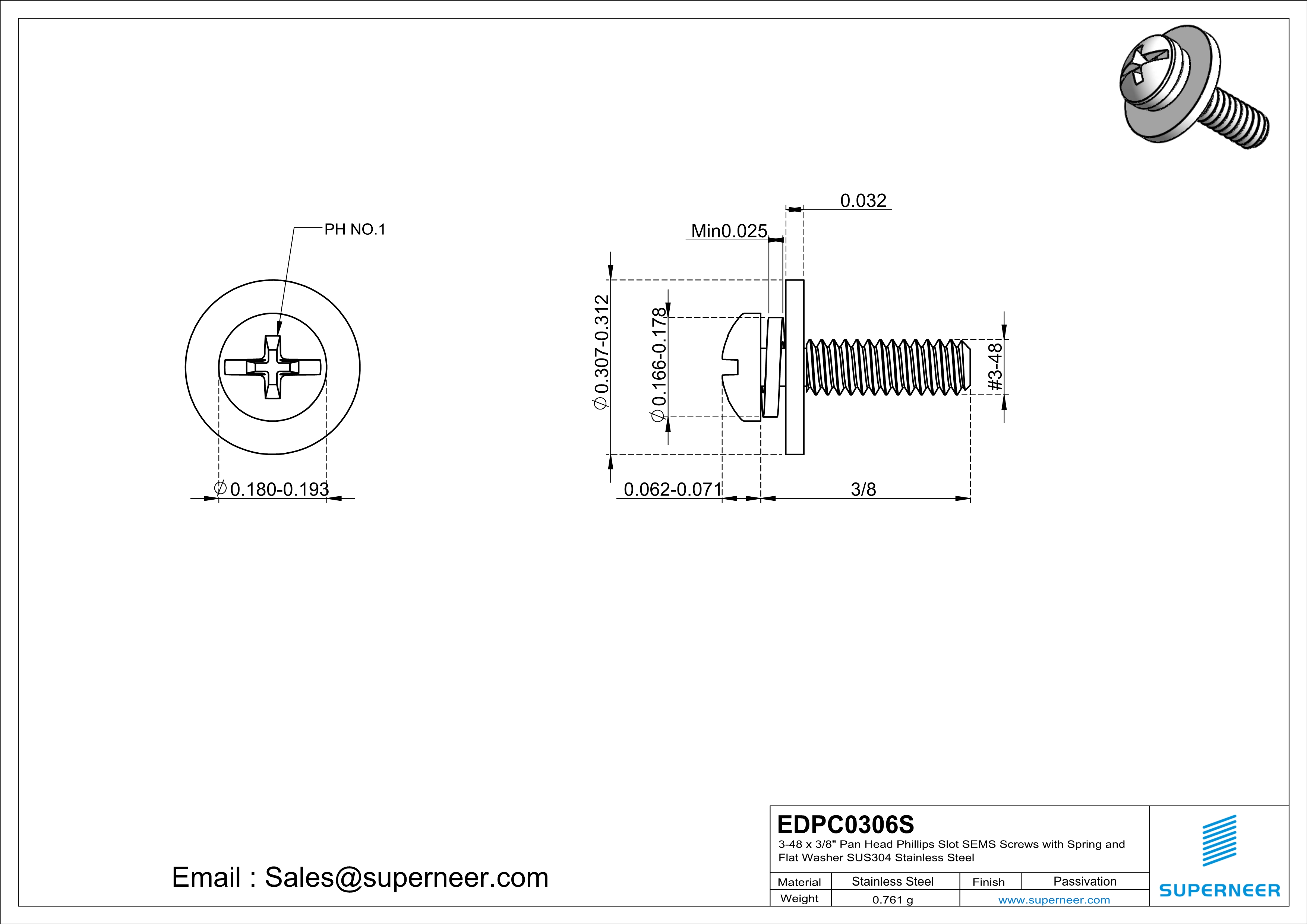 3-48 x 3/8" Pan Head Phillips Slot SEMS Screws with Spring and Flat Washer SUS304 Stainless Steel Inox