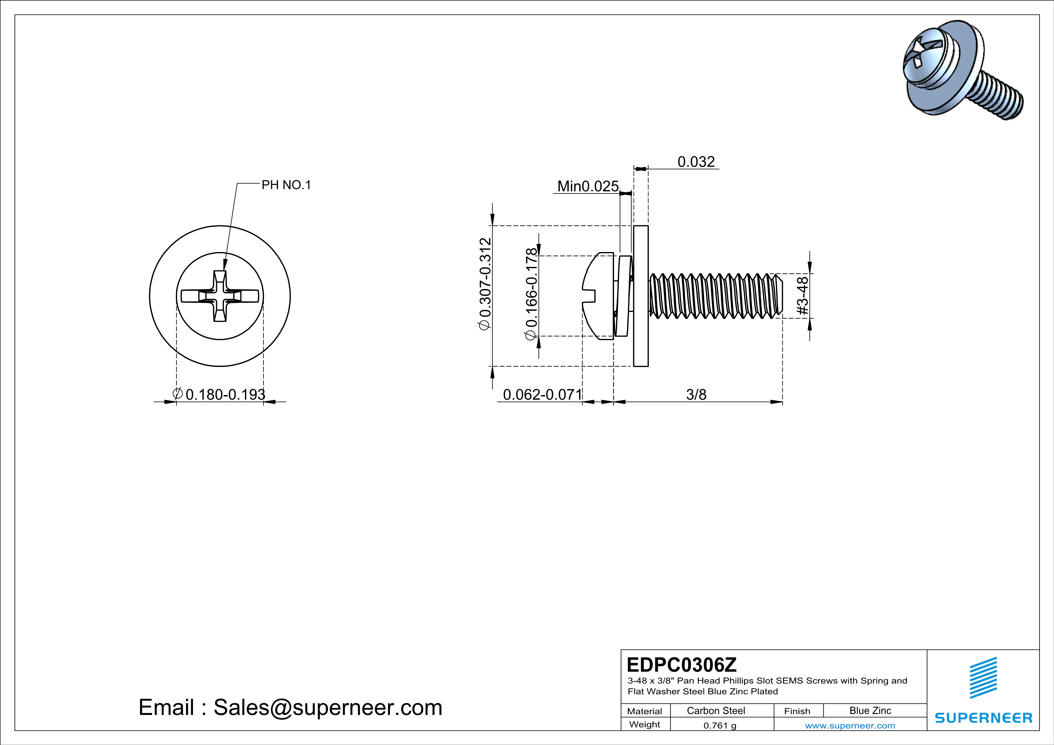 3-48 x 3/8" Pan Head Phillips Slot SEMS Screws with Spring and Flat Washer Steel Blue Zinc Plated