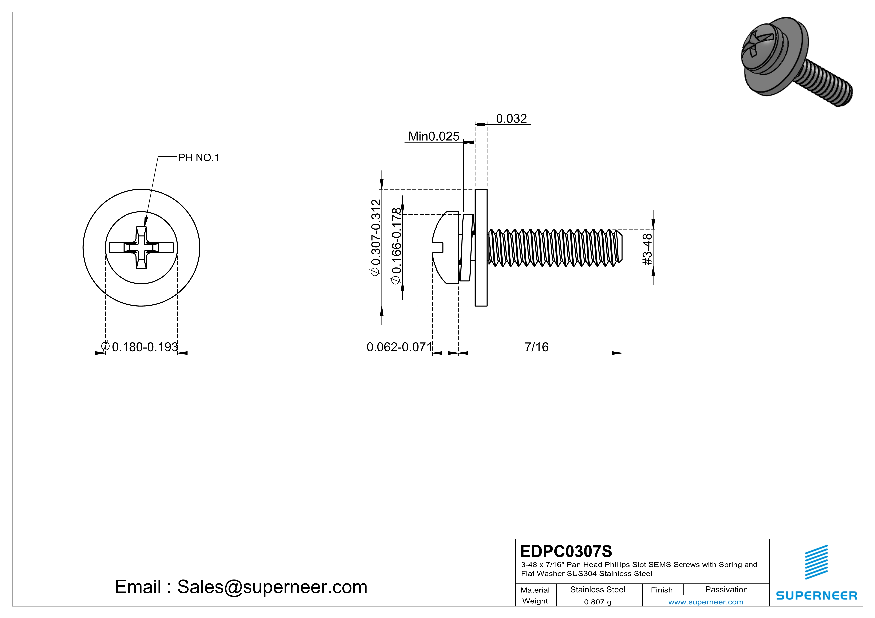 3-48 x 7/16" Pan Head Phillips Slot SEMS Screws with Spring and Flat Washer SUS304 Stainless Steel Inox