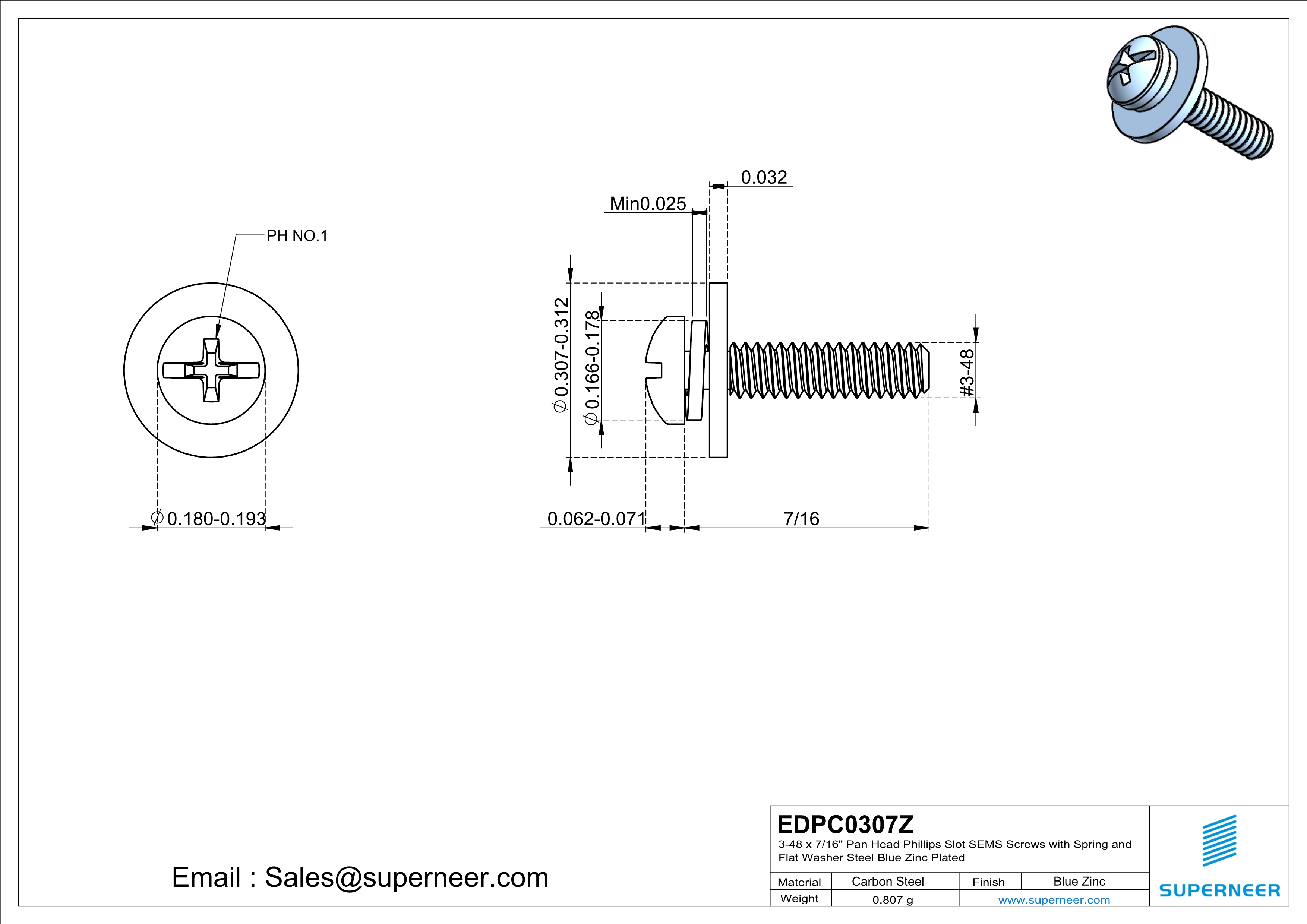 3-48 x 7/16" Pan Head Phillips Slot SEMS Screws with Spring and Flat Washer Steel Blue Zinc Plated