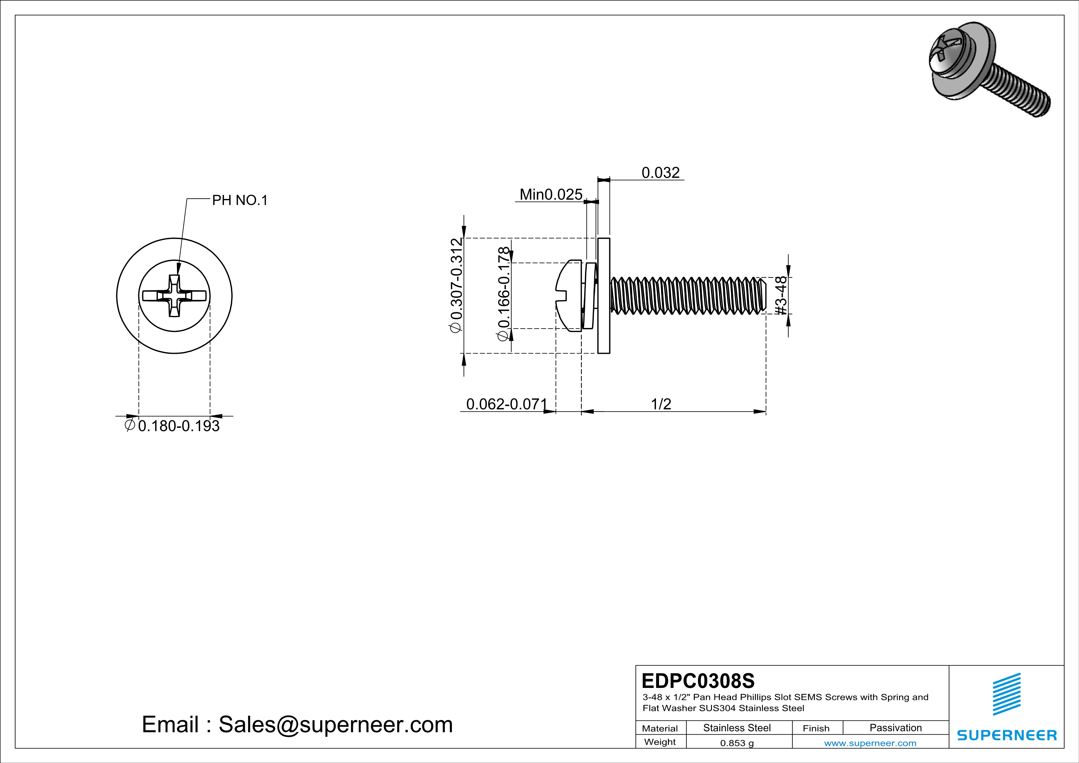 3-48 x 1/2" Pan Head Phillips Slot SEMS Screws with Spring and Flat Washer SUS304 Stainless Steel Inox