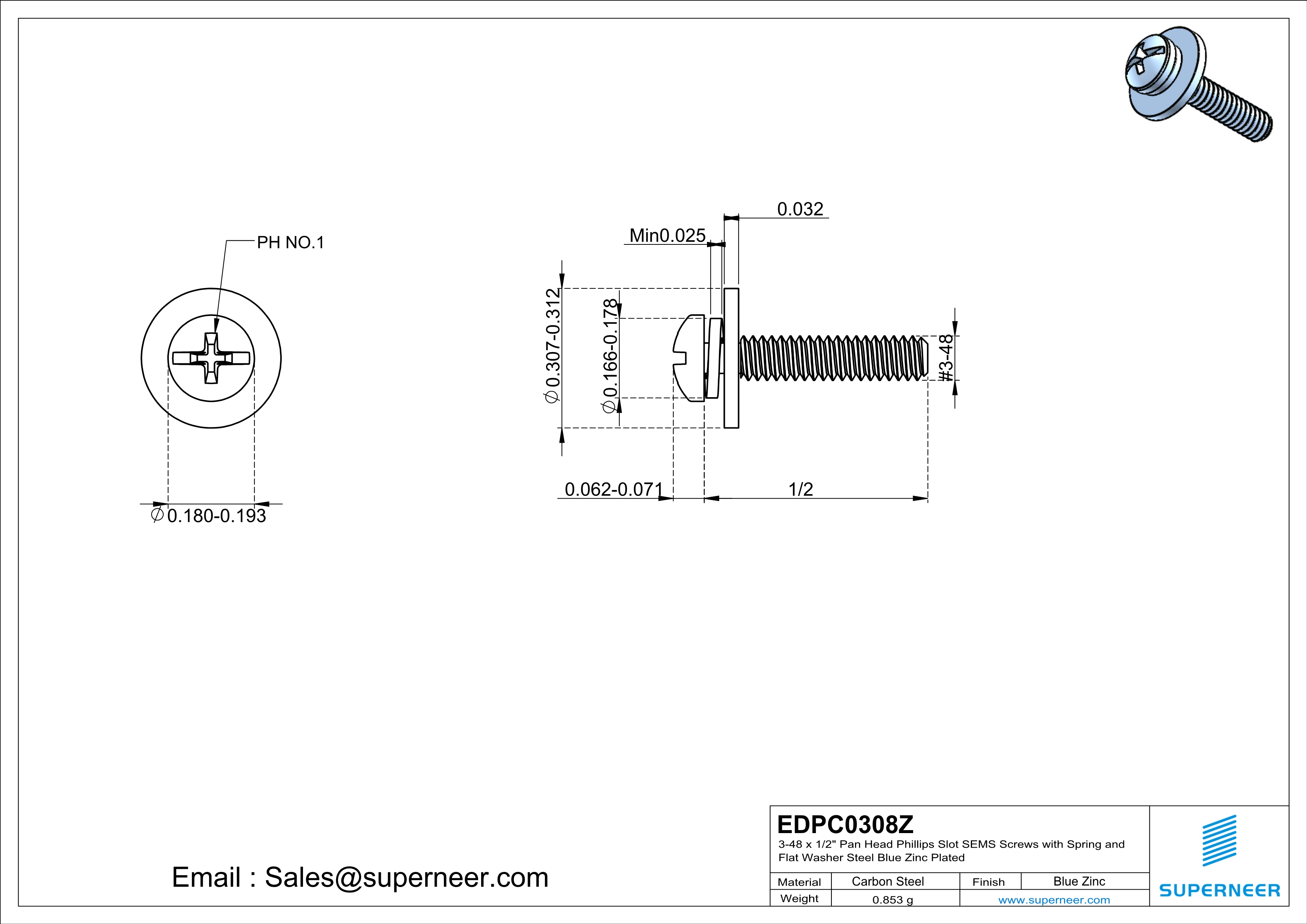 3-48 x 1/2" Pan Head Phillips Slot SEMS Screws with Spring and Flat Washer Steel Blue Zinc Plated