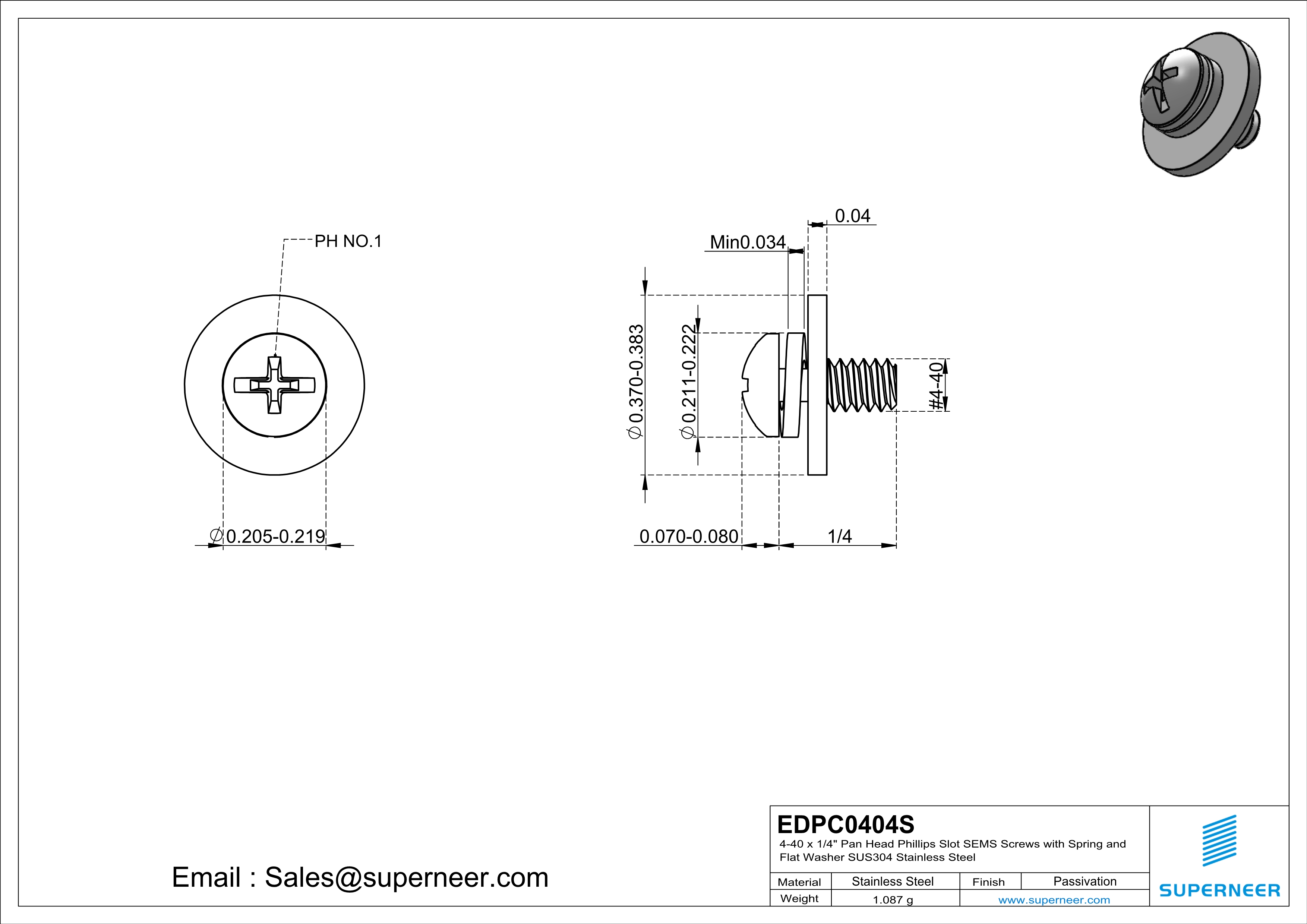 4-40 x 1/4" Pan Head Phillips Slot SEMS Screws with Spring and Flat Washer SUS304 Stainless Steel Inox