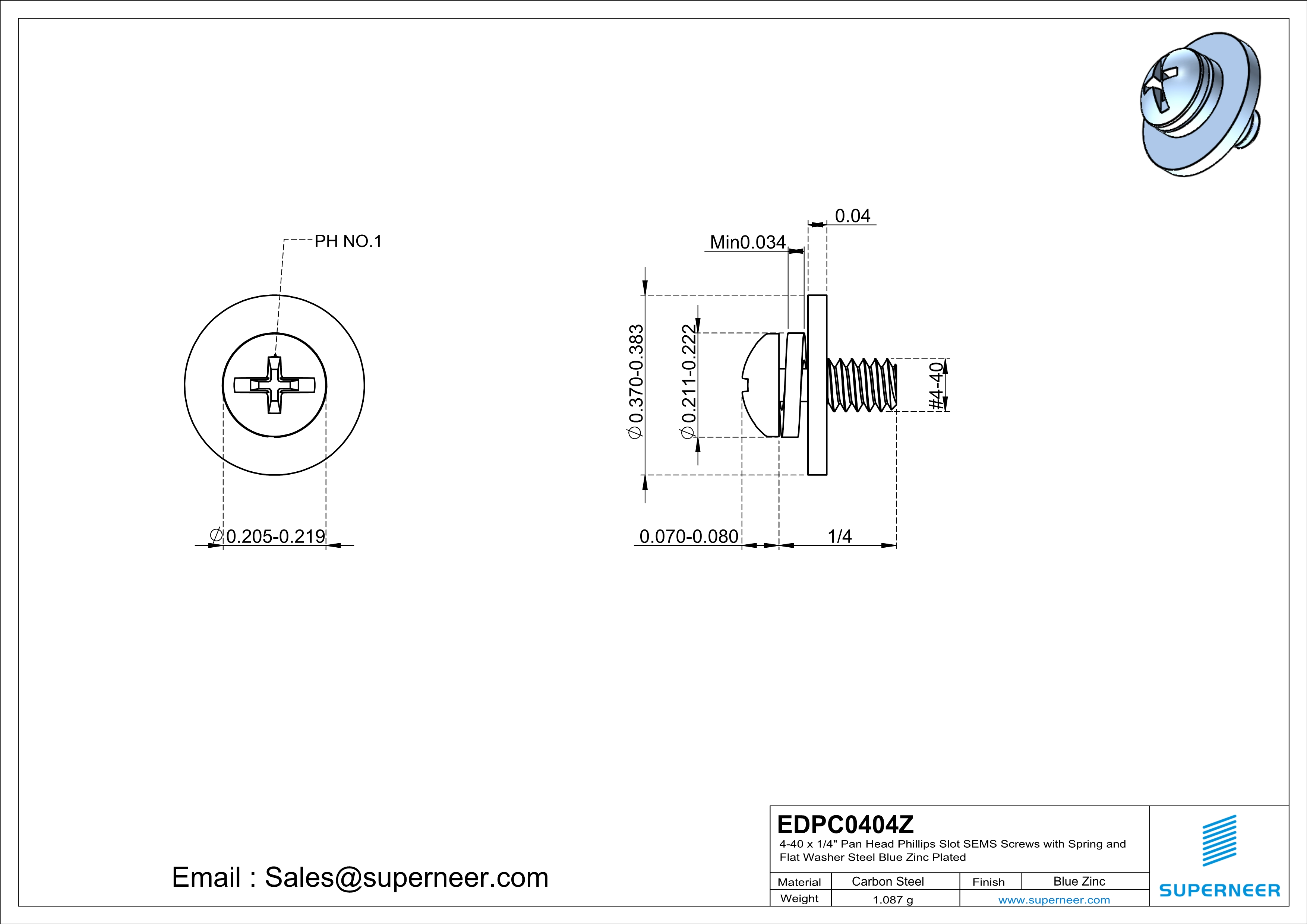 4-40 x 1/4" Pan Head Phillips Slot SEMS Screws with Spring and Flat Washer Steel Blue Zinc Plated