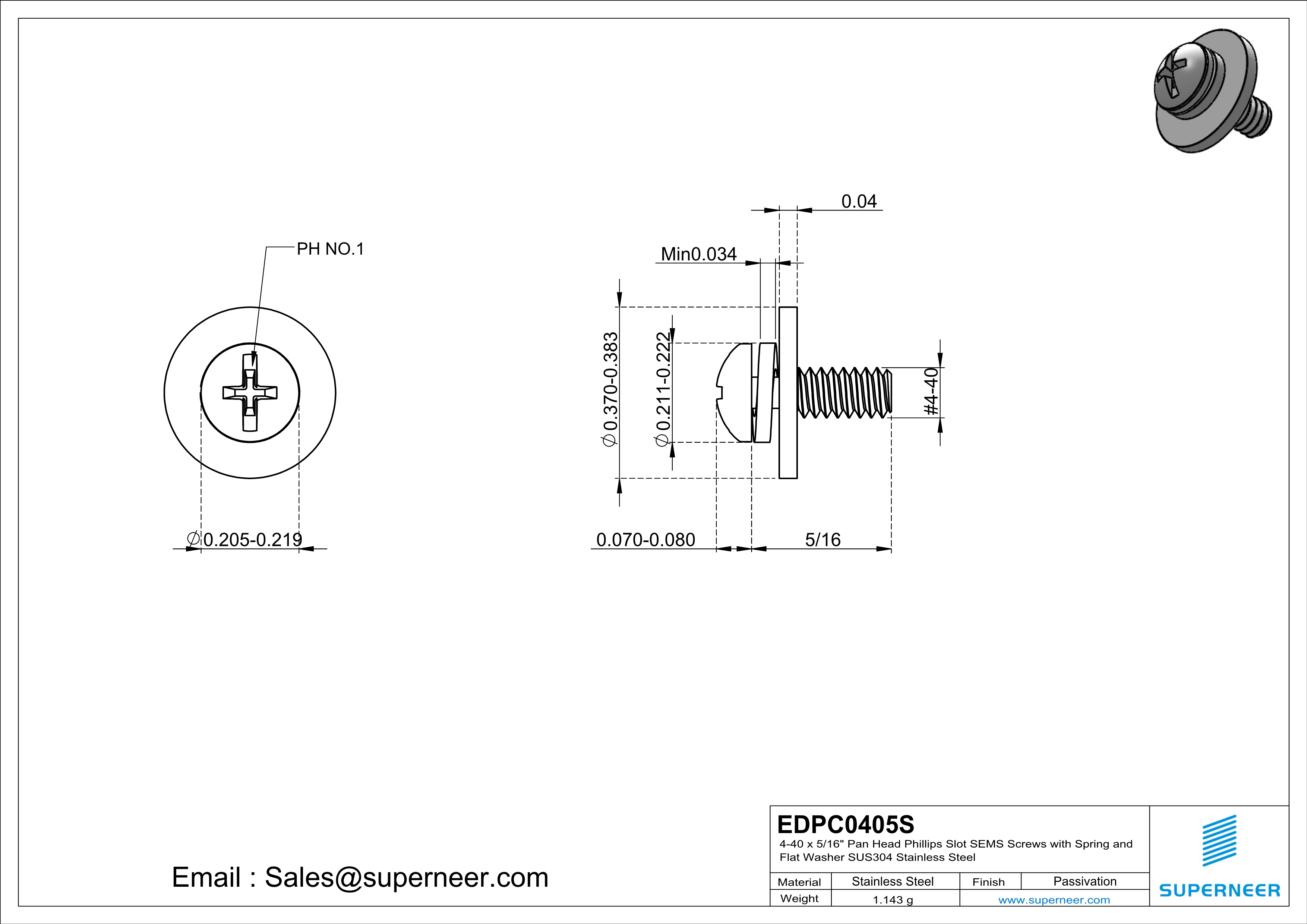 4-40 x 5/16" Pan Head Phillips Slot SEMS Screws with Spring and Flat Washer SUS304 Stainless Steel Inox