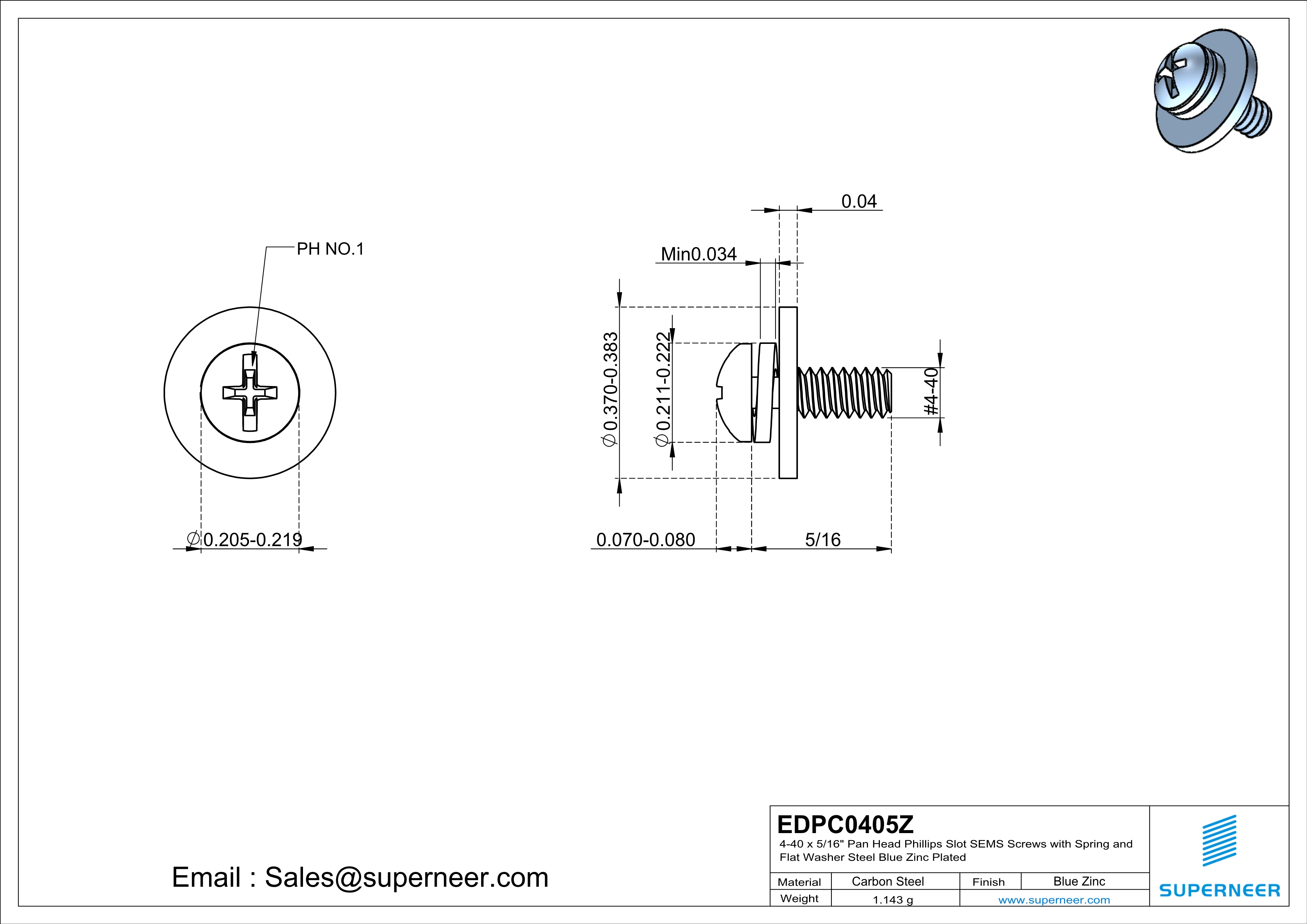 4-40 x 5/16" Pan Head Phillips Slot SEMS Screws with Spring and Flat Washer Steel Blue Zinc Plated