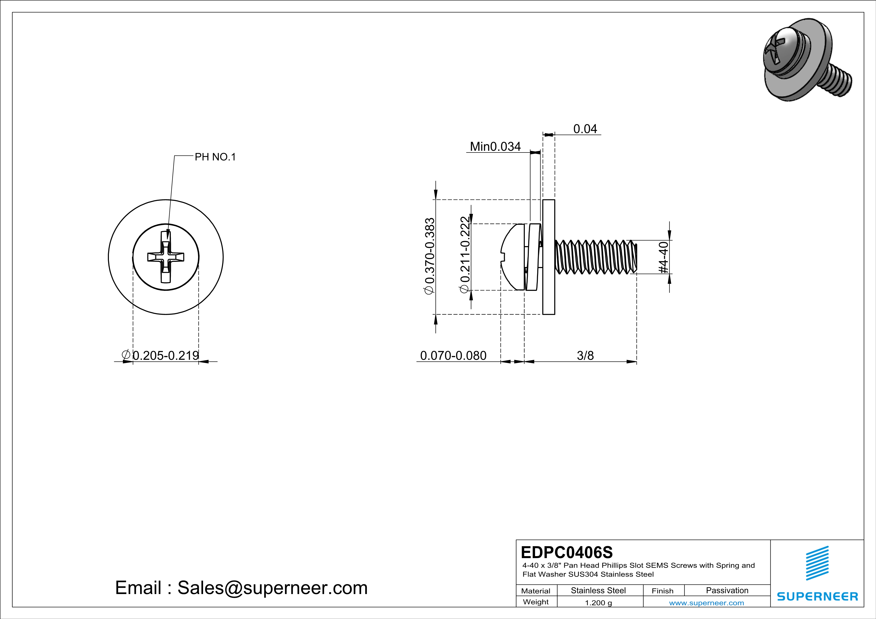 4-40 x 3/8" Pan Head Phillips Slot SEMS Screws with Spring and Flat Washer SUS304 Stainless Steel Inox