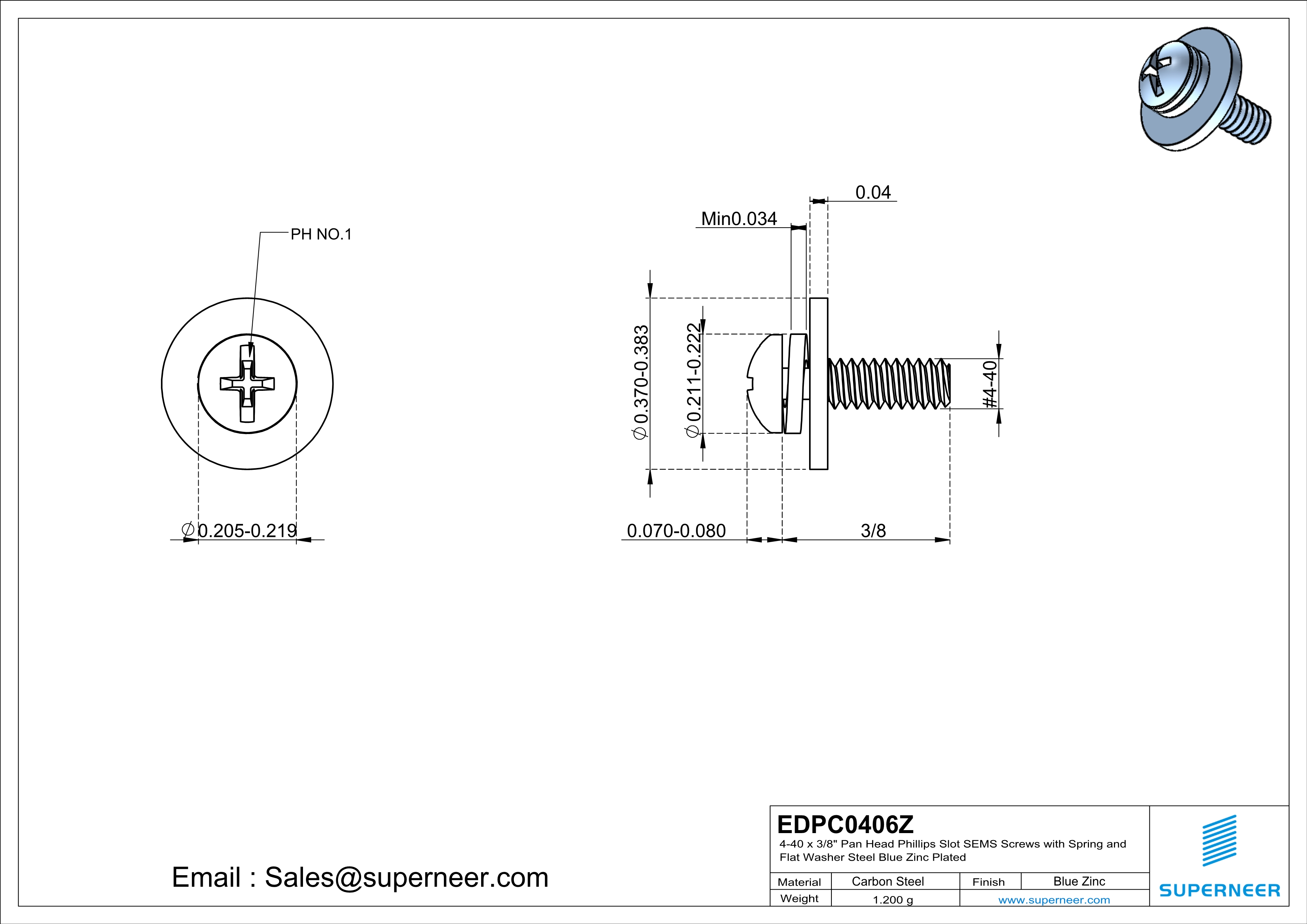 4-40 x 3/8" Pan Head Phillips Slot SEMS Screws with Spring and Flat Washer Steel Blue Zinc Plated