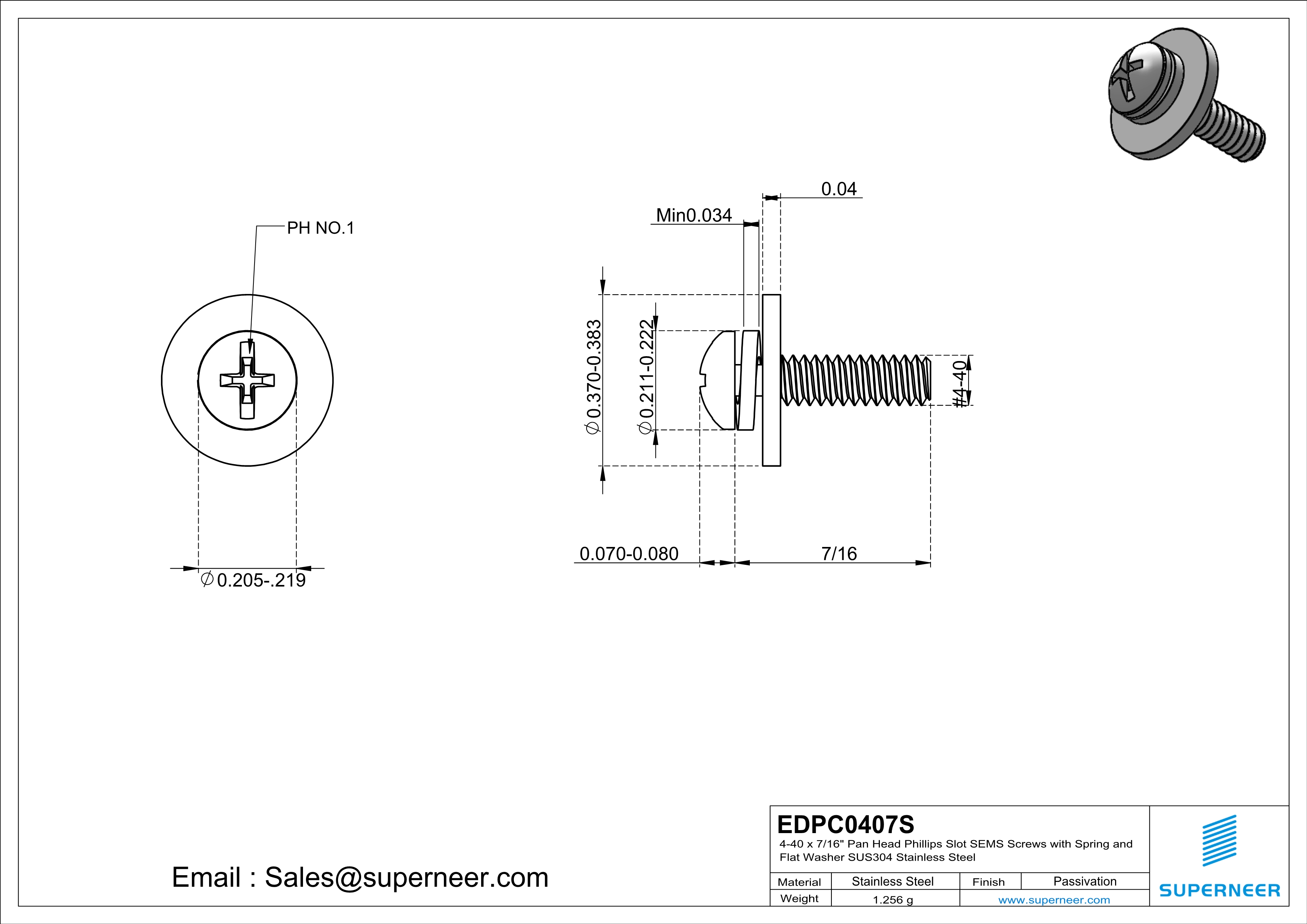 4-40 x 7/16" Pan Head Phillips Slot SEMS Screws with Spring and Flat Washer SUS304 Stainless Steel Inox