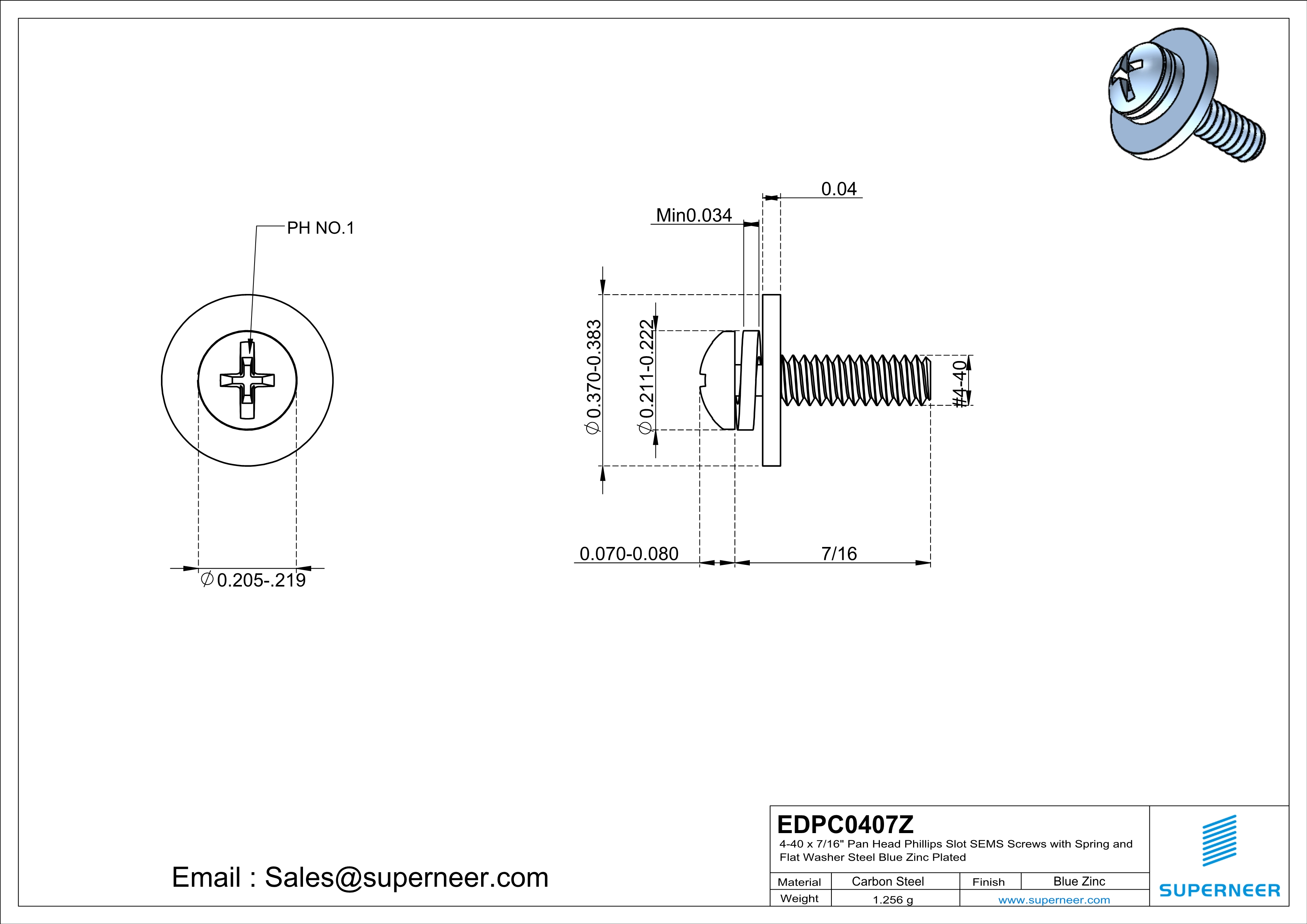 4-40 x 7/16" Pan Head Phillips Slot SEMS Screws with Spring and Flat Washer Steel Blue Zinc Plated