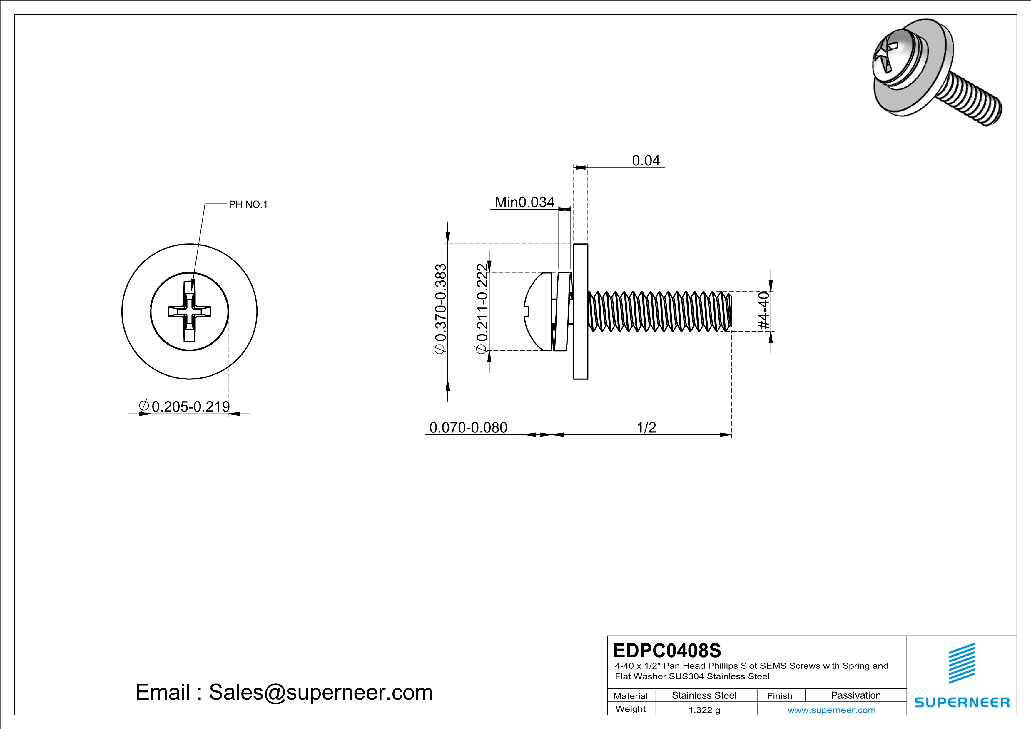 4-40 x 1/2" Pan Head Phillips Slot SEMS Screws with Spring and Flat Washer SUS304 Stainless Steel Inox