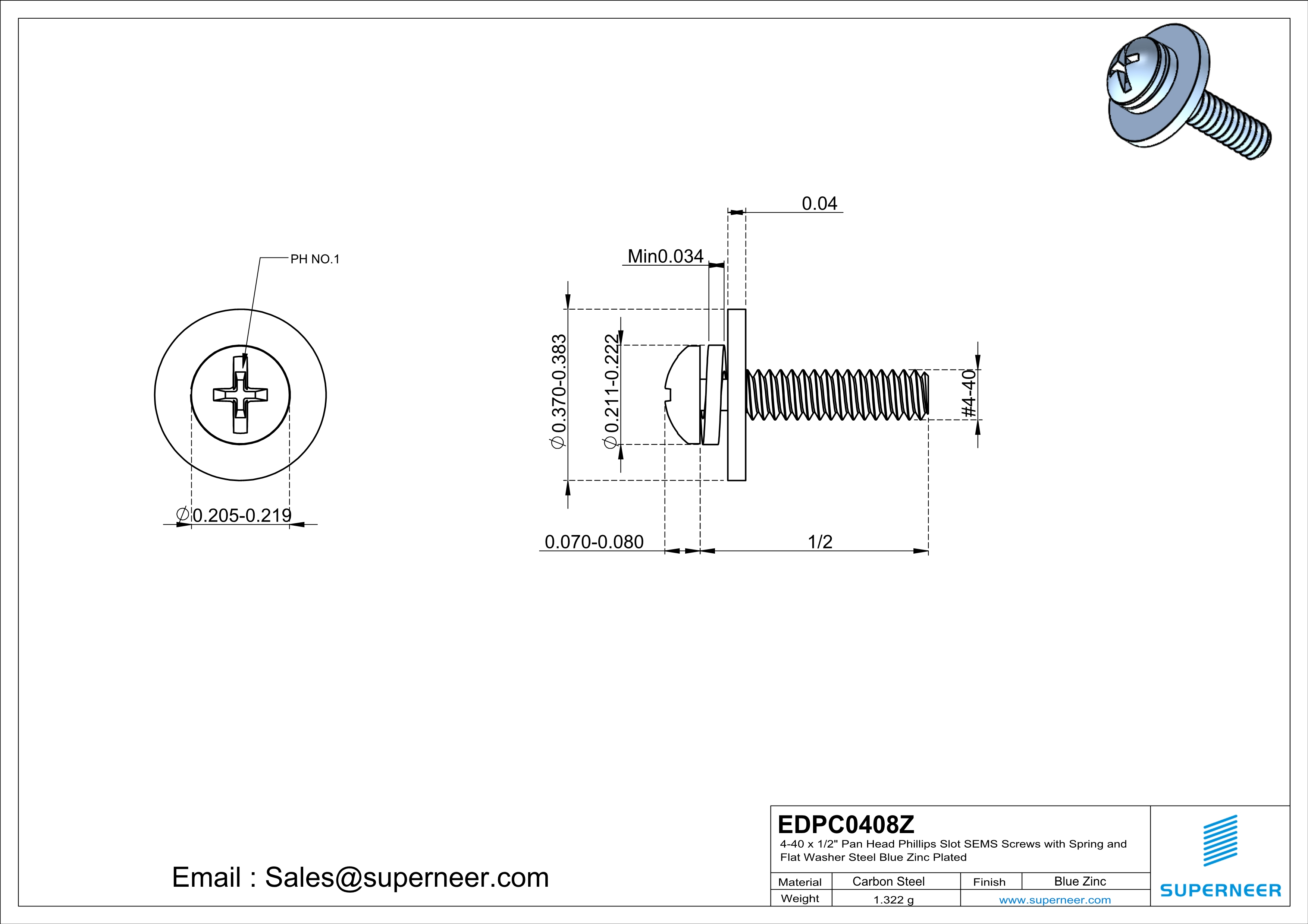 4-40 x 1/2" Pan Head Phillips Slot SEMS Screws with Spring and Flat Washer Steel Blue Zinc Plated