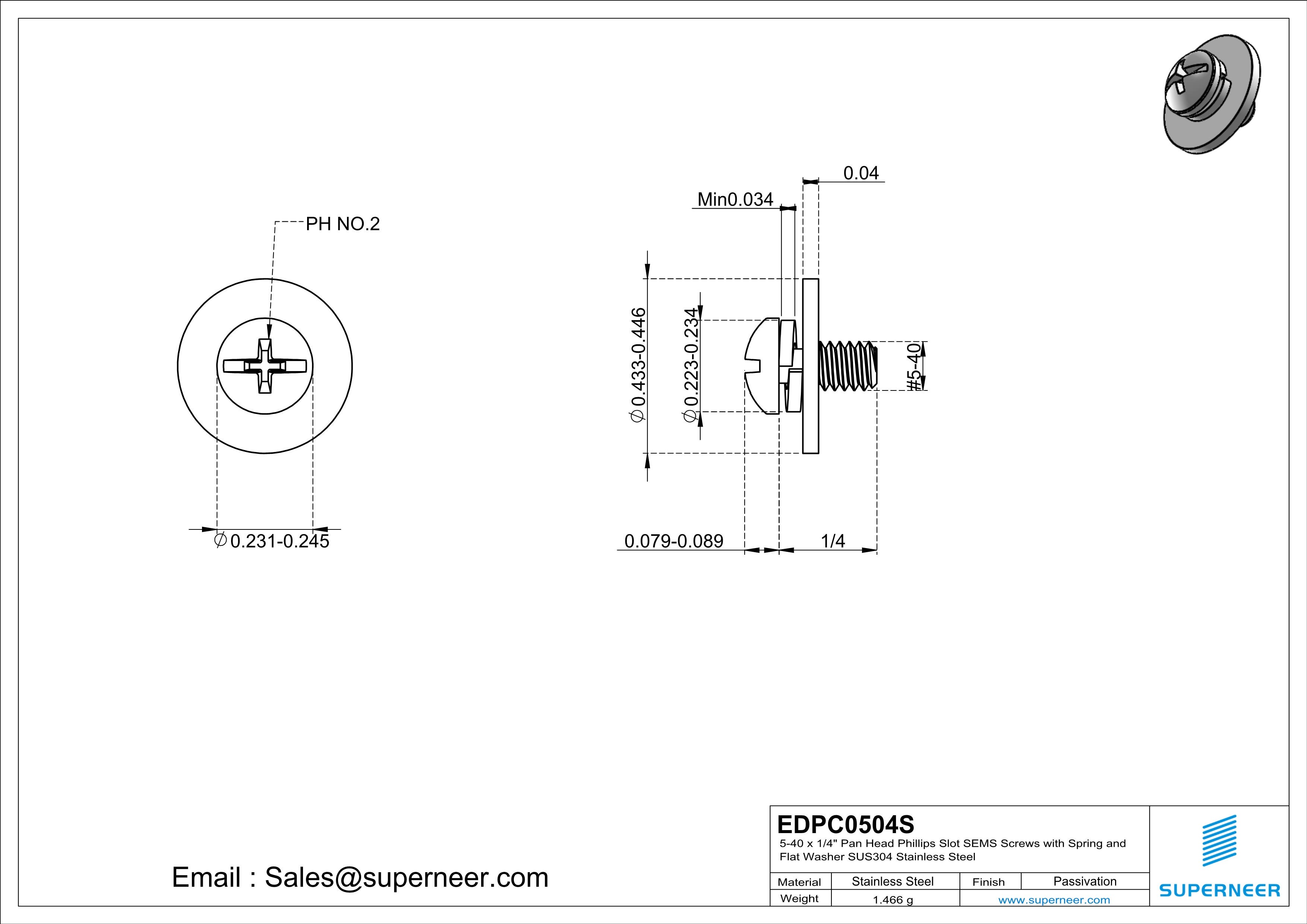 5-40 x 1/4" Pan Head Phillips Slot SEMS Screws with Spring and Flat Washer SUS304 Stainless Steel Inox