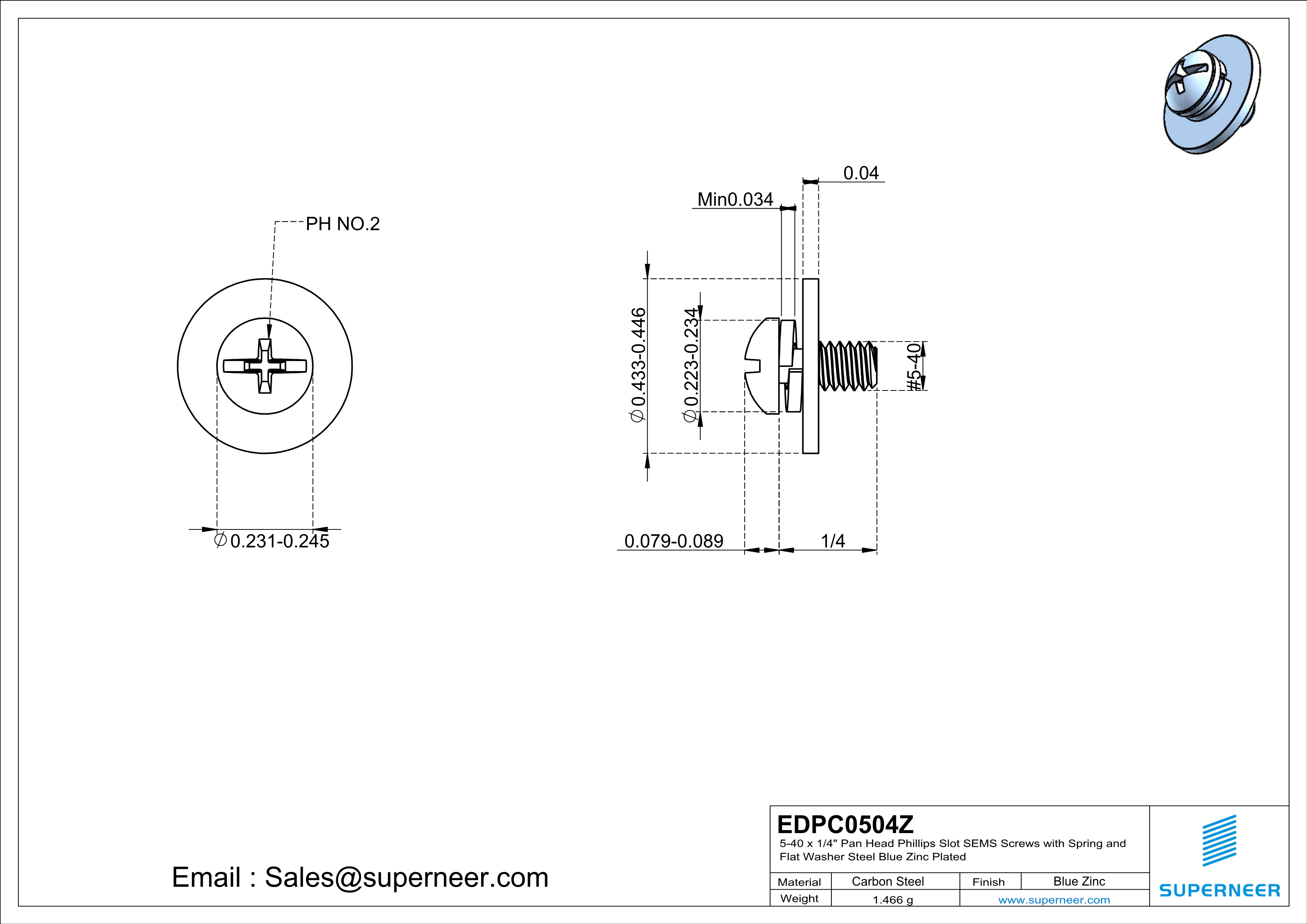 5-40 x 1/4" Pan Head Phillips Slot SEMS Screws with Spring and Flat Washer Steel Blue Zinc Plated