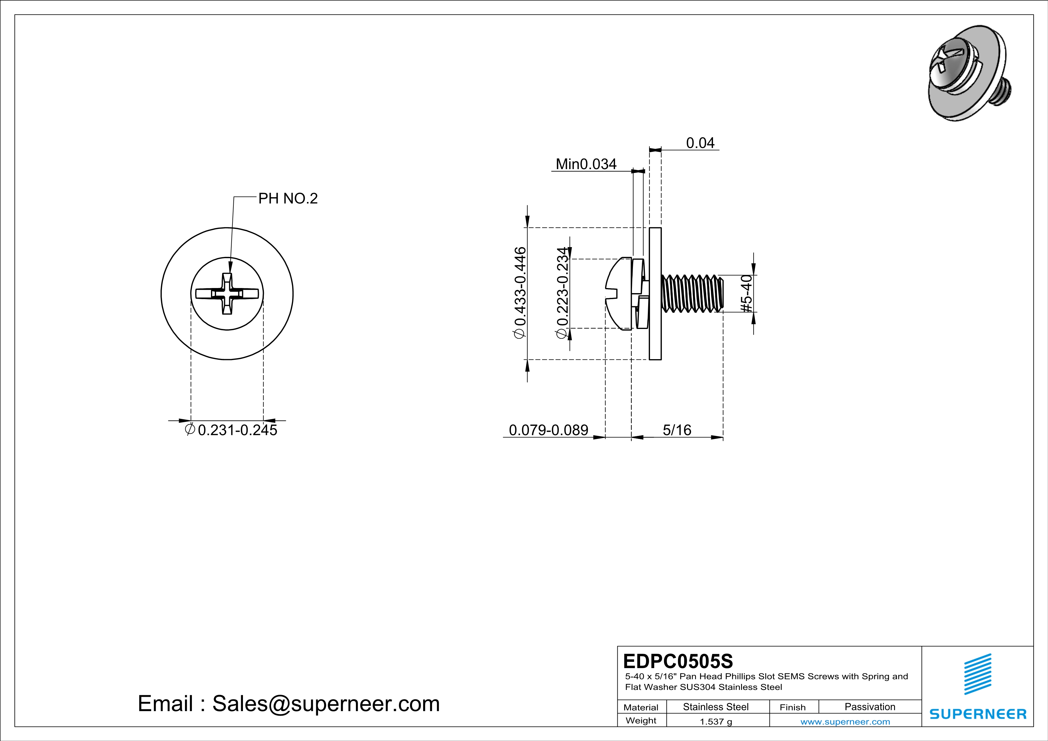 5-40 x 5/16" Pan Head Phillips Slot SEMS Screws with Spring and Flat Washer SUS304 Stainless Steel Inox