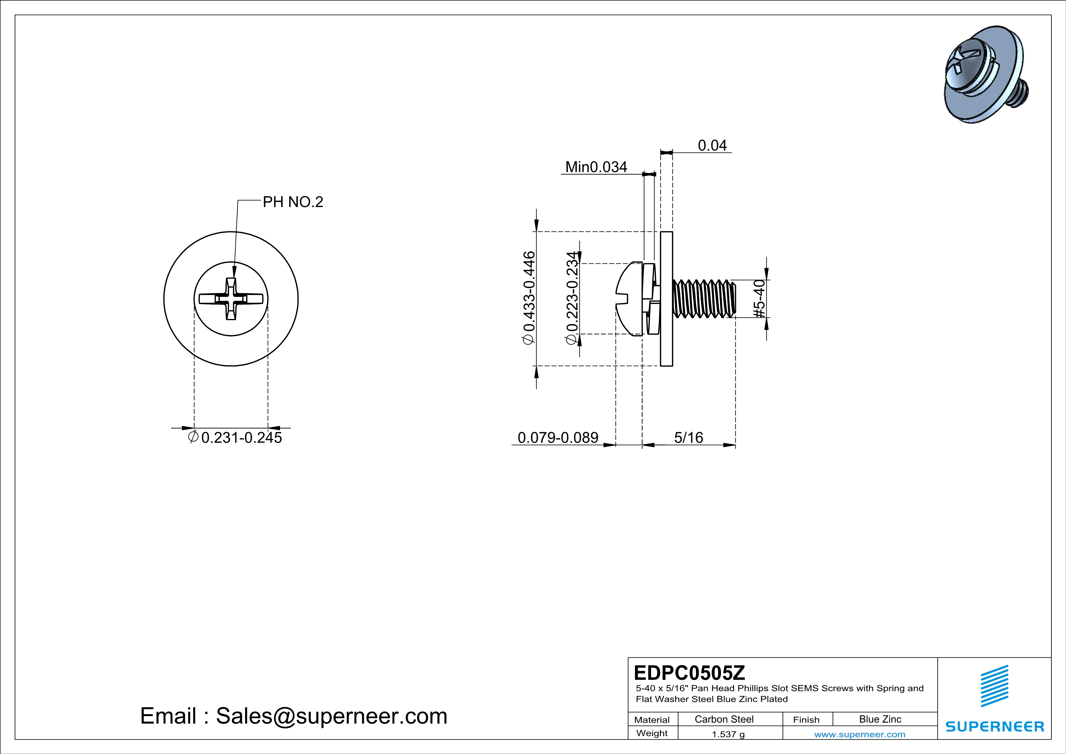 5-40 x 5/16" Pan Head Phillips Slot SEMS Screws with Spring and Flat Washer Steel Blue Zinc Plated