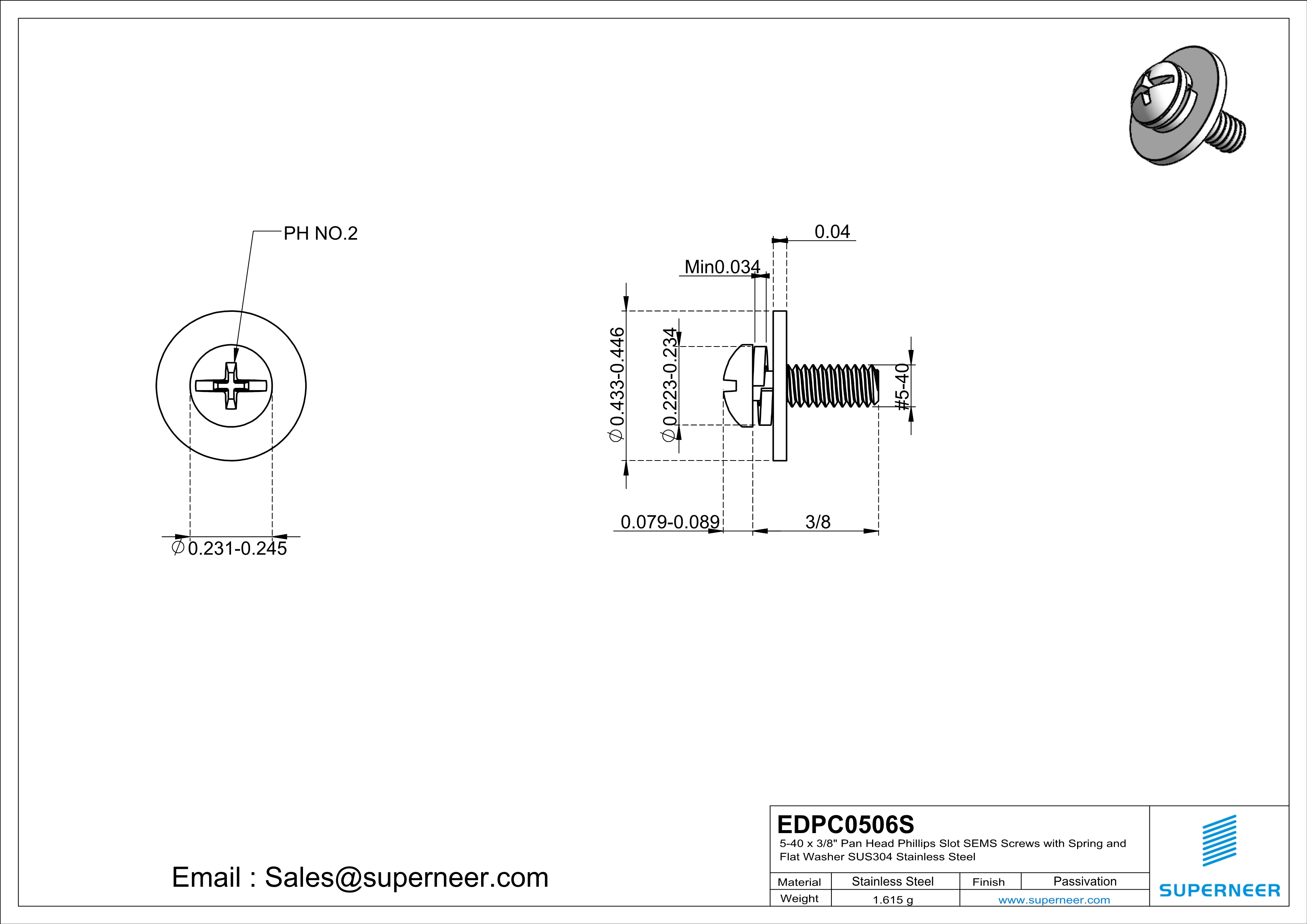 5-40 x 3/8" Pan Head Phillips Slot SEMS Screws with Spring and Flat Washer SUS304 Stainless Steel Inox