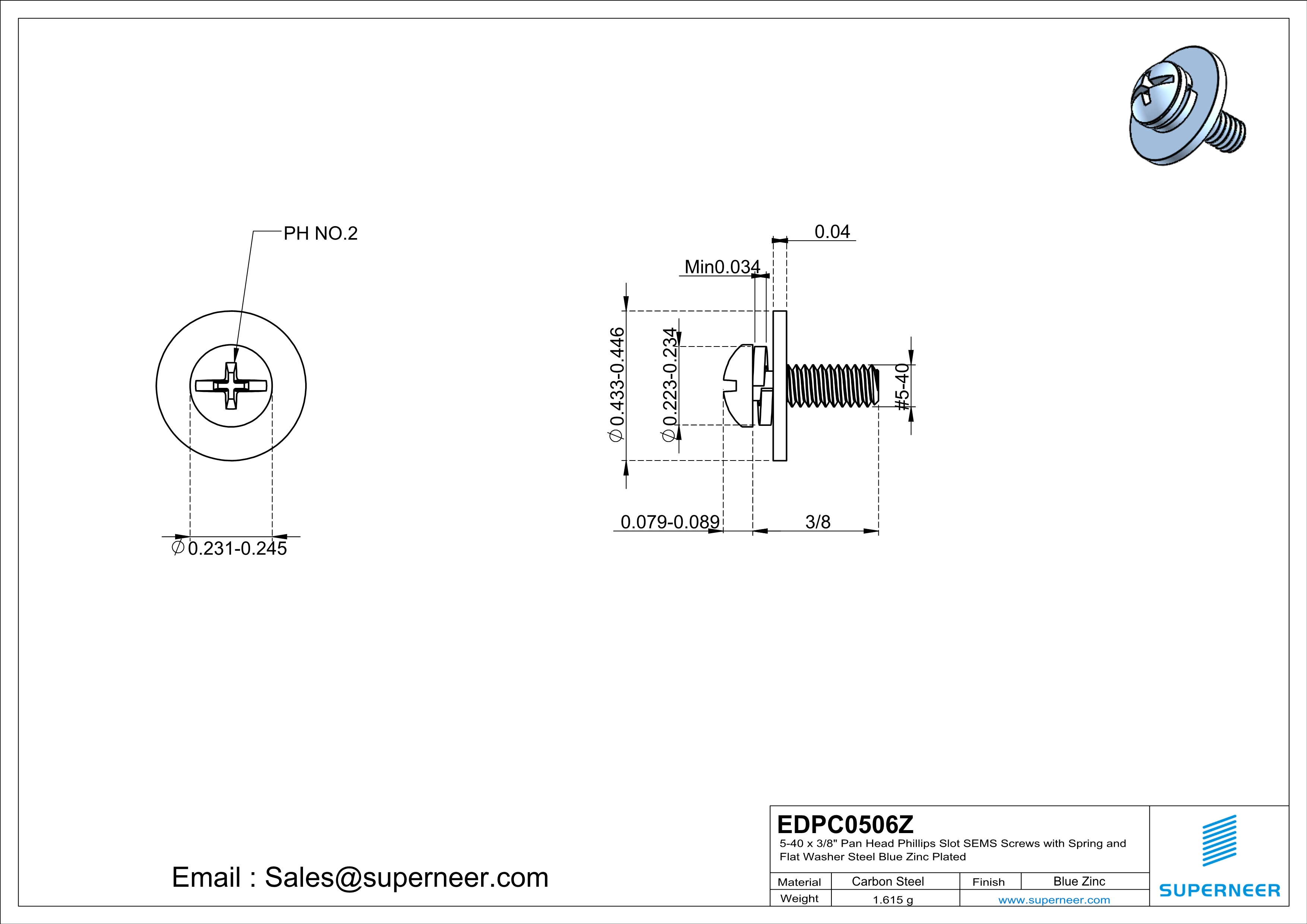 5-40 x 3/8" Pan Head Phillips Slot SEMS Screws with Spring and Flat Washer Steel Blue Zinc Plated