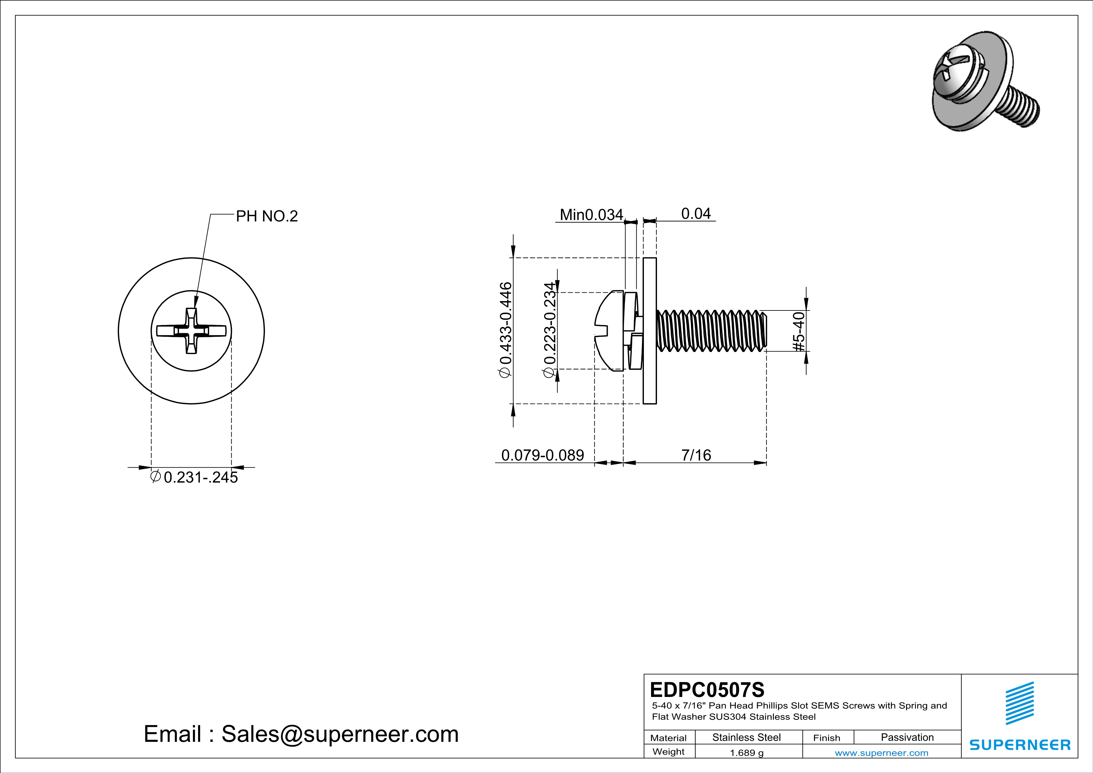 5-40 x 7/16" Pan Head Phillips Slot SEMS Screws with Spring and Flat Washer SUS304 Stainless Steel Inox