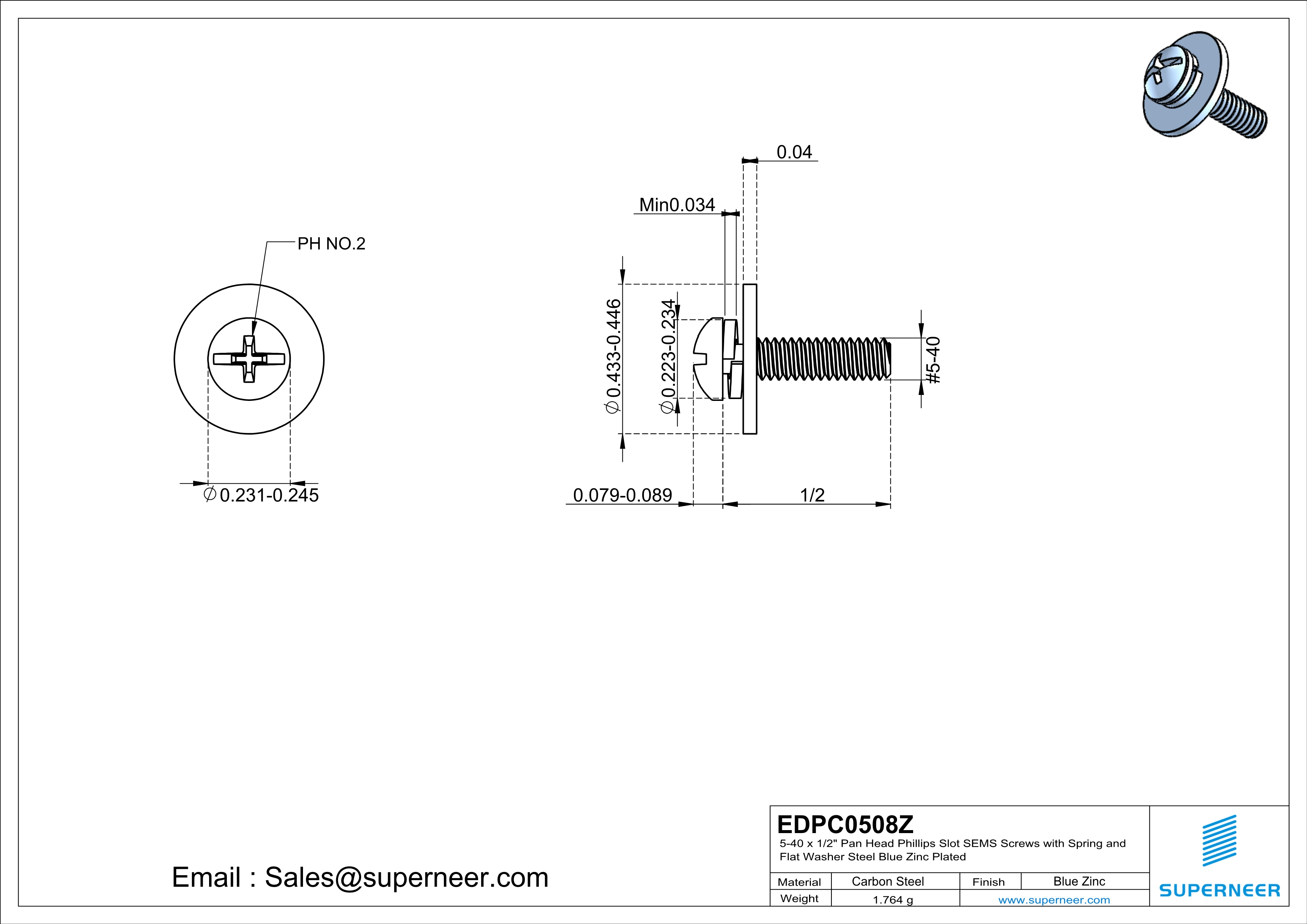 5-40 x 1/2" Pan Head Phillips Slot SEMS Screws with Spring and Flat Washer Steel Blue Zinc Plated