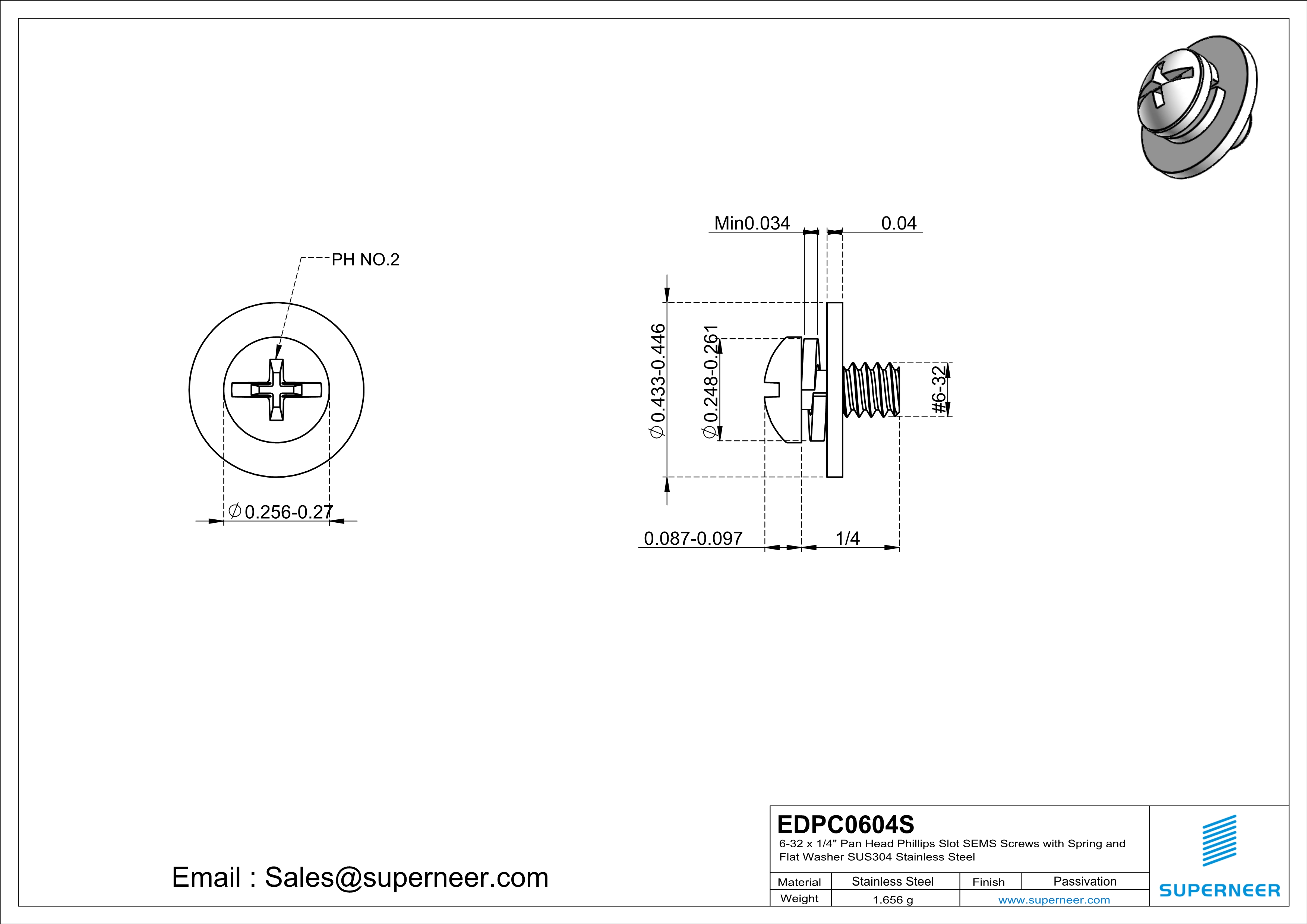 6-32 x 1/4" Pan Head Phillips Slot SEMS Screws with Spring and Flat Washer SUS304 Stainless Steel Inox