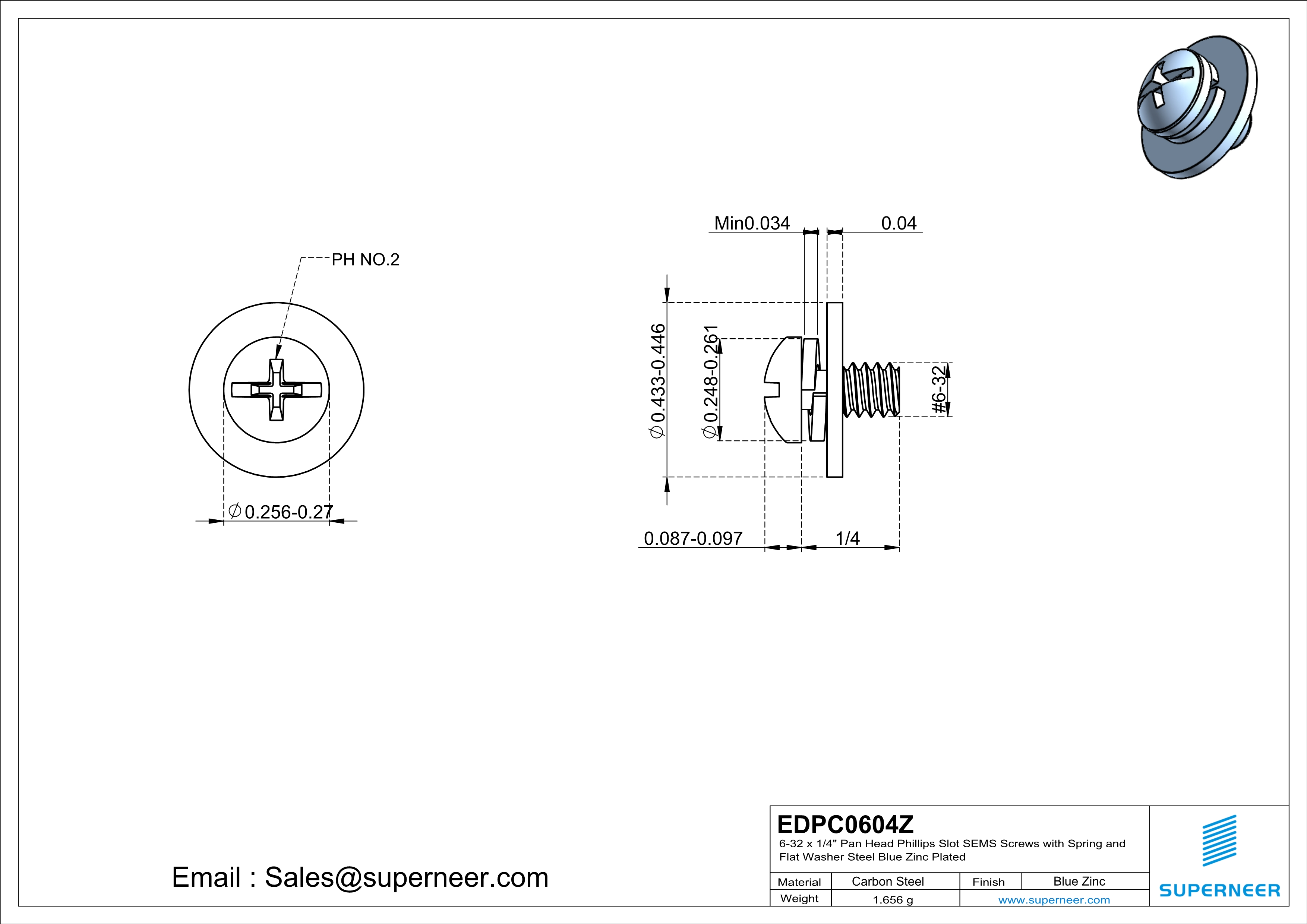 6-32 x 1/4" Pan Head Phillips Slot SEMS Screws with Spring and Flat Washer Steel Blue Zinc Plated