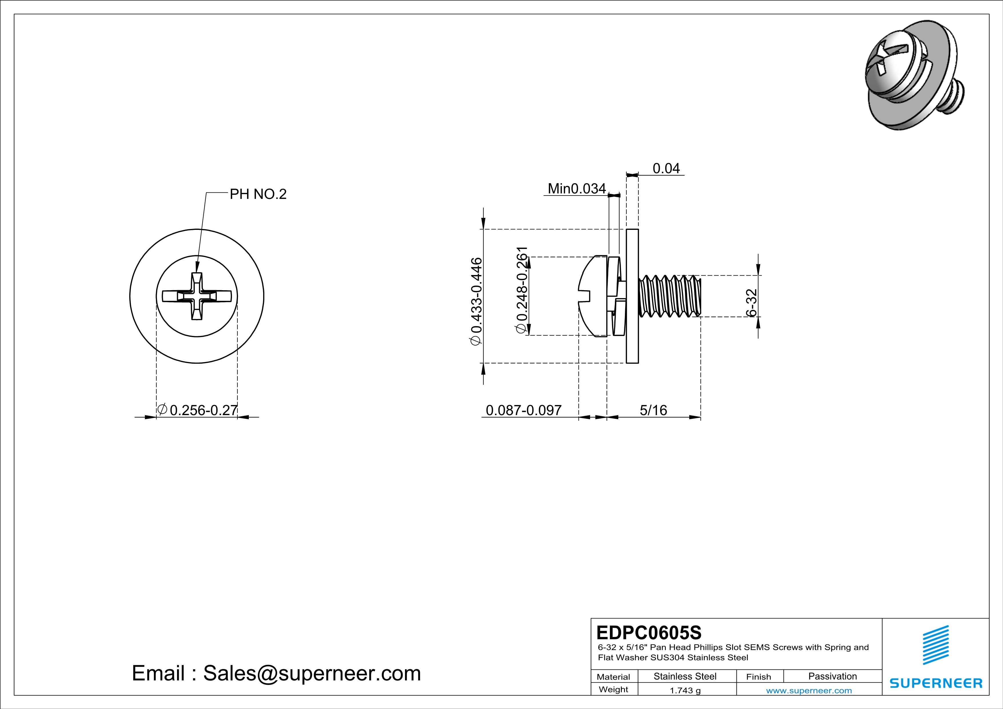 6-32 x 5/16" Pan Head Phillips Slot SEMS Screws with Spring and Flat Washer SUS304 Stainless Steel Inox
