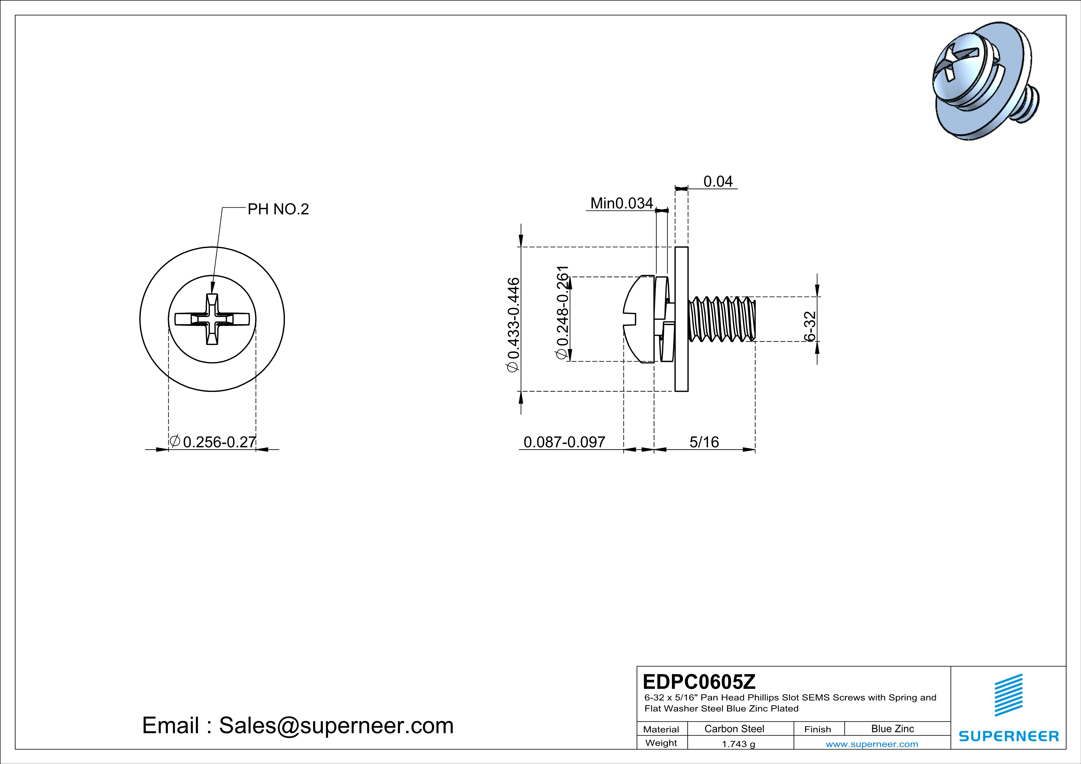 6-32 x 5/16" Pan Head Phillips Slot SEMS Screws with Spring and Flat Washer Steel Blue Zinc Plated