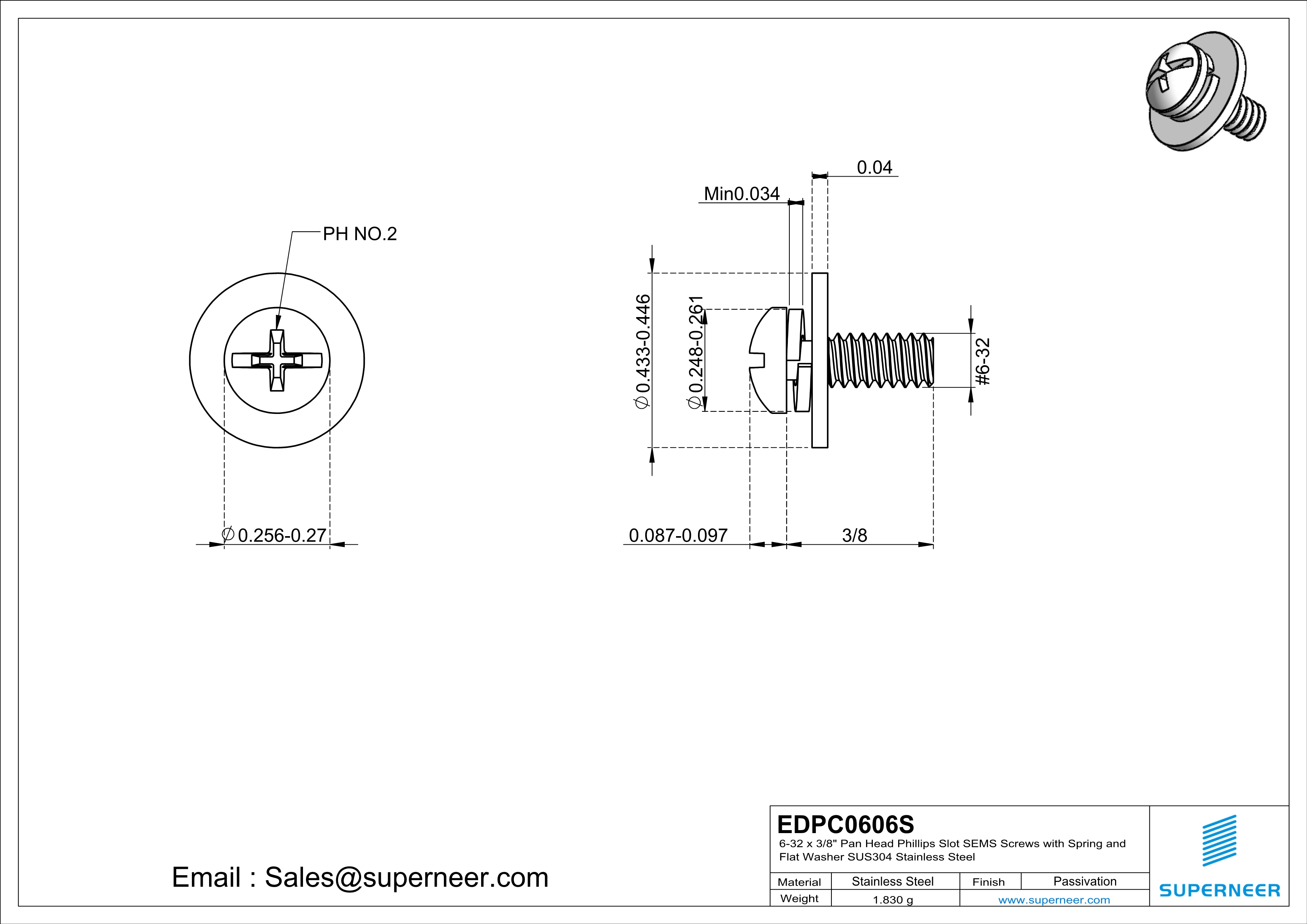 6-32 x 3/8" Pan Head Phillips Slot SEMS Screws with Spring and Flat Washer SUS304 Stainless Steel Inox