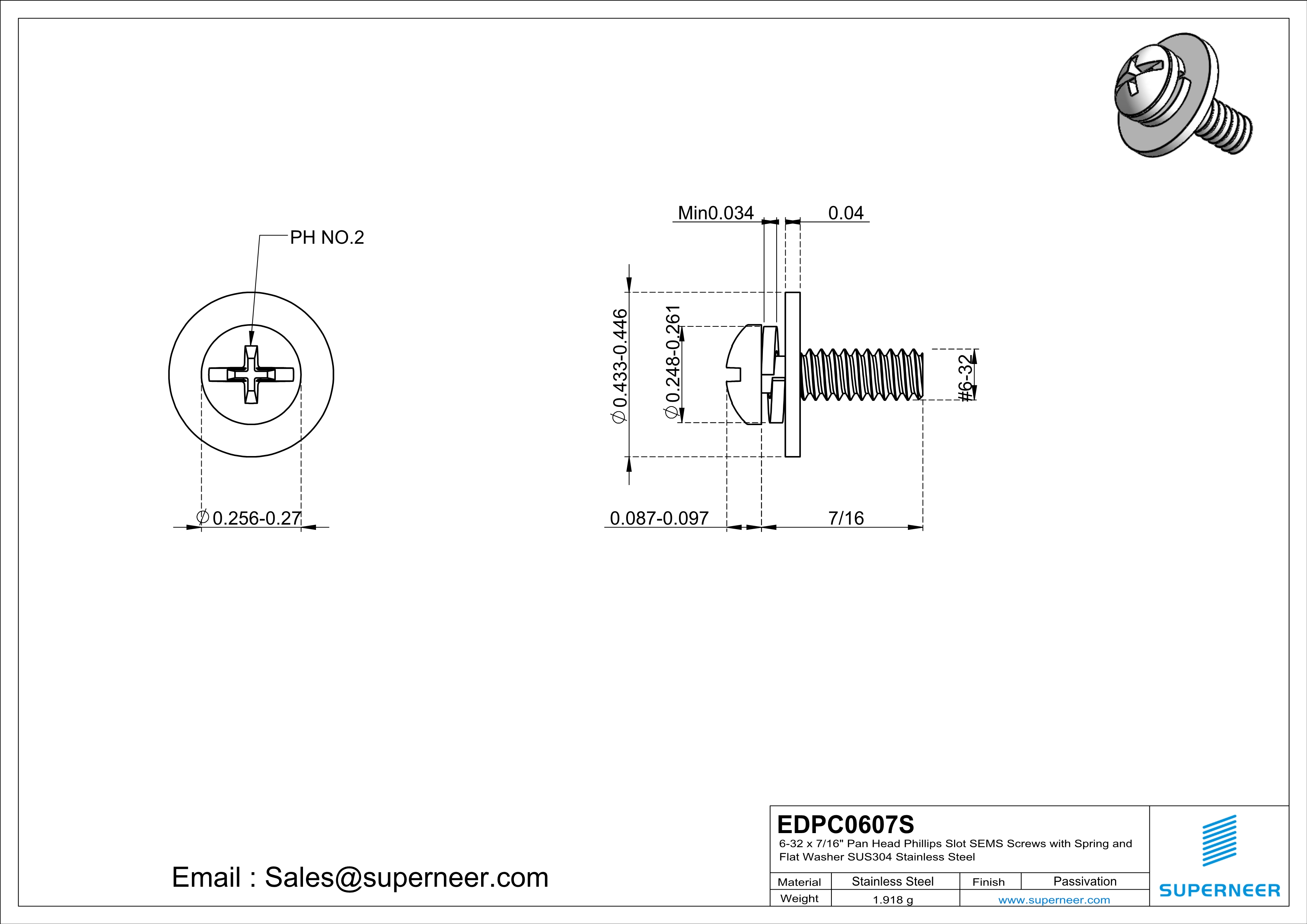 6-32 x 7/16" Pan Head Phillips Slot SEMS Screws with Spring and Flat Washer SUS304 Stainless Steel Inox