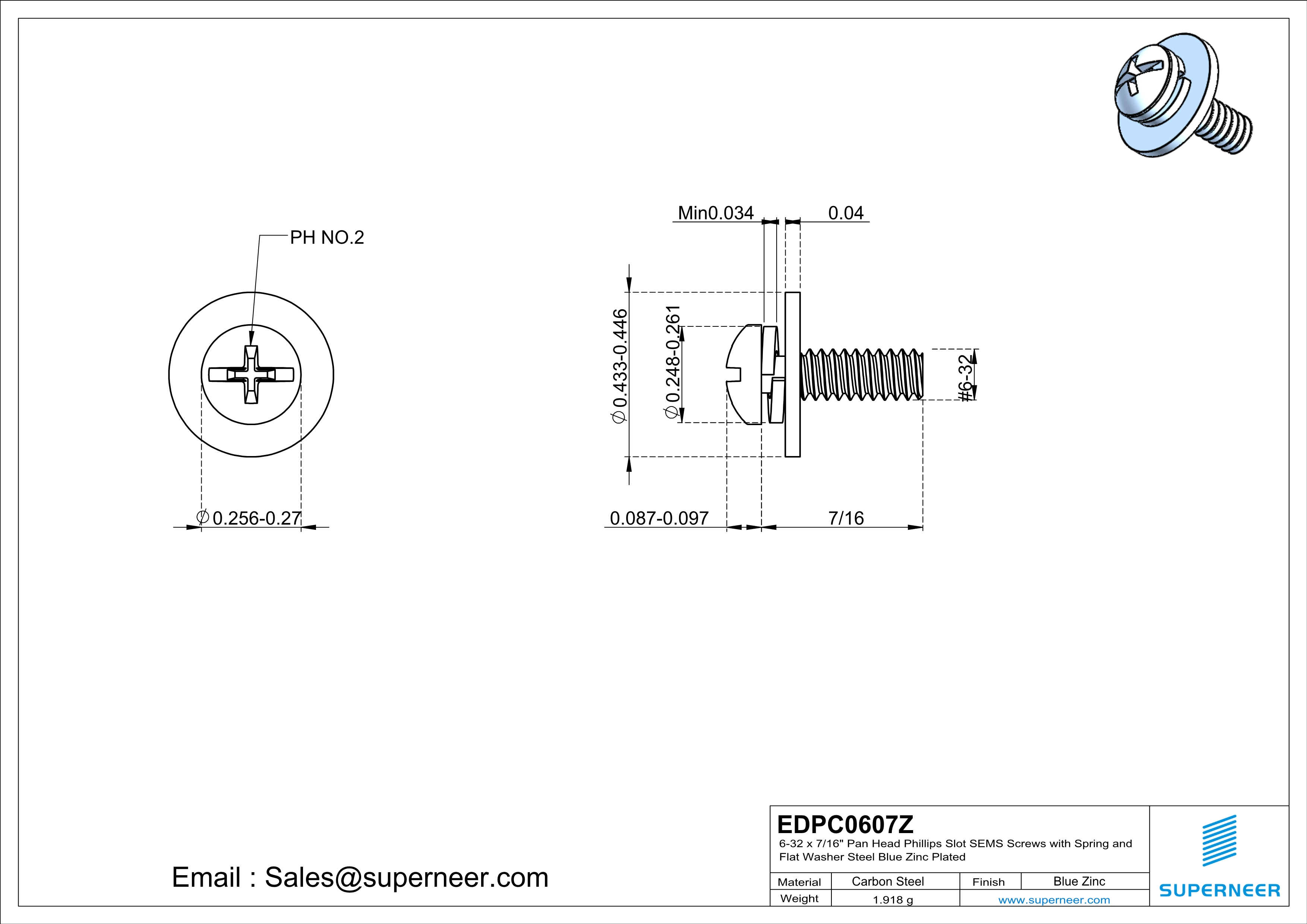 6-32 x 7/16" Pan Head Phillips Slot SEMS Screws with Spring and Flat Washer Steel Blue Zinc Plated