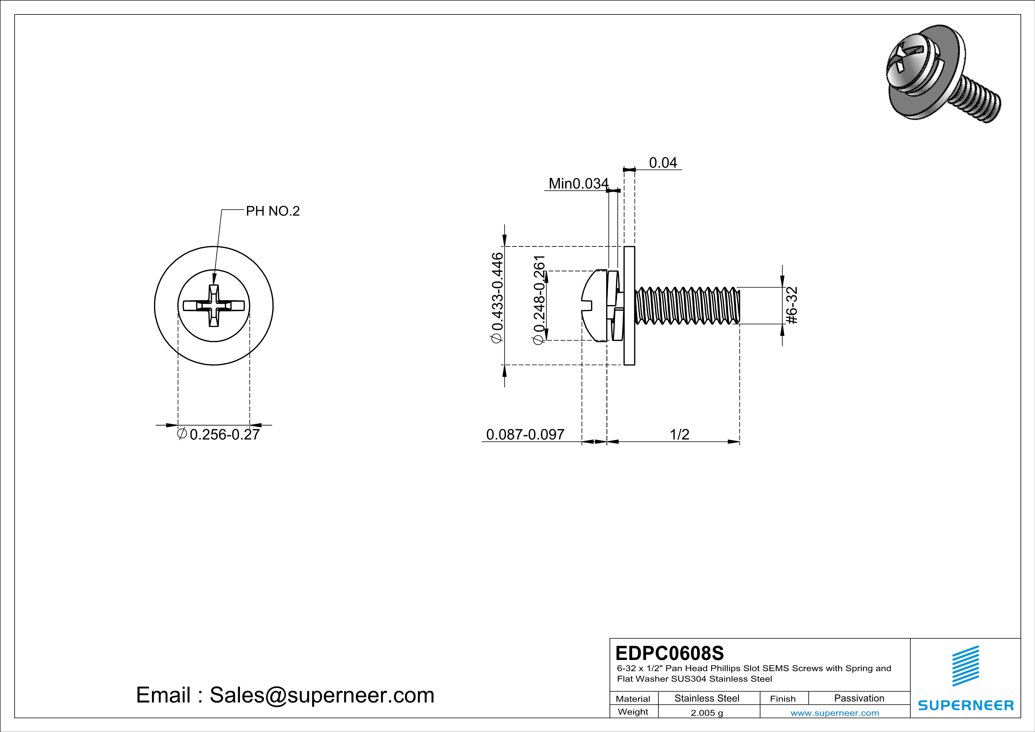 6-32 x 1/2" Pan Head Phillips Slot SEMS Screws with Spring and Flat Washer SUS304 Stainless Steel Inox