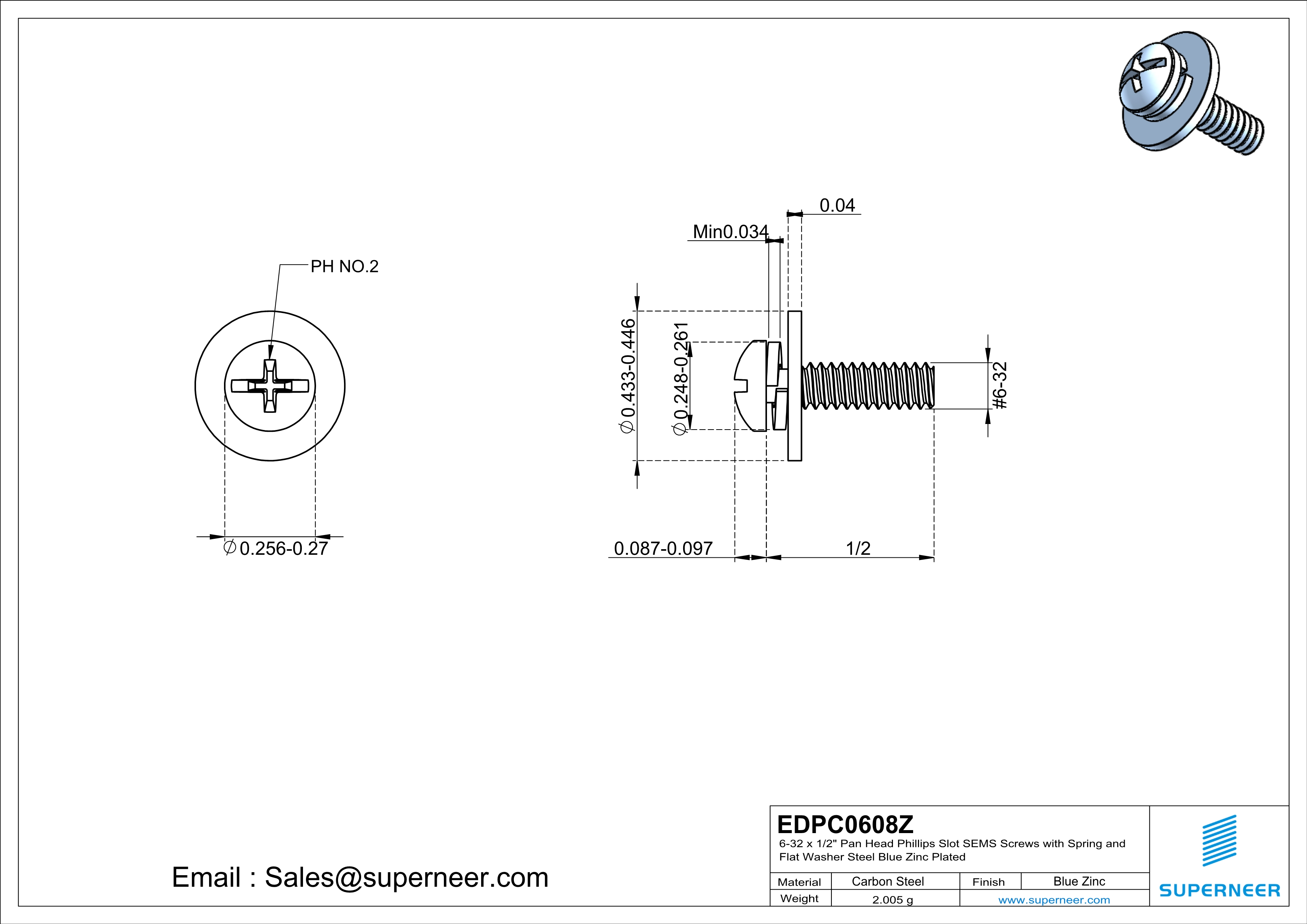 6-32 x 1/2" Pan Head Phillips Slot SEMS Screws with Spring and Flat Washer Steel Blue Zinc Plated