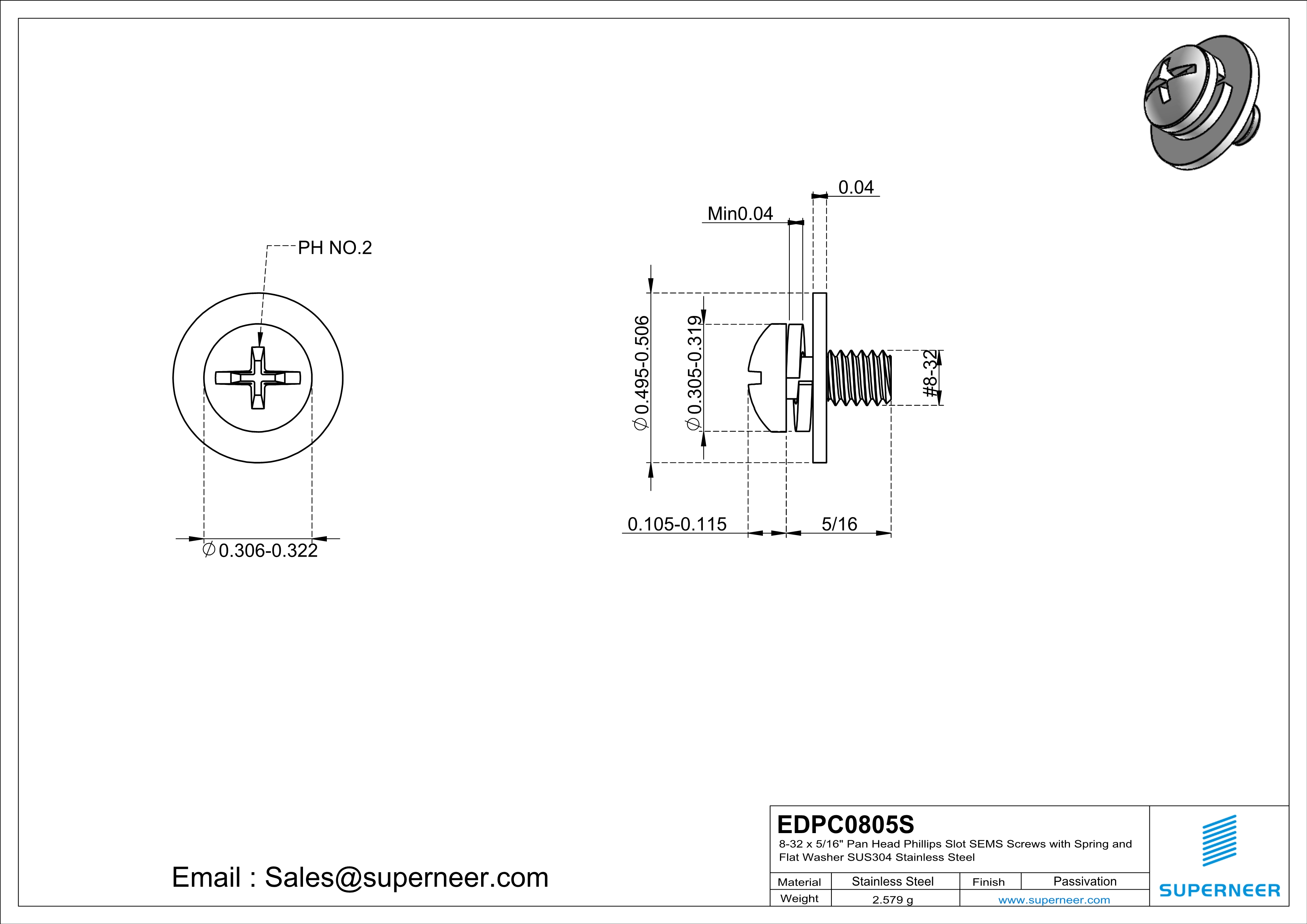 8-32 x 5/16" Pan Head Phillips Slot SEMS Screws with Spring and Flat Washer SUS304 Stainless Steel Inox