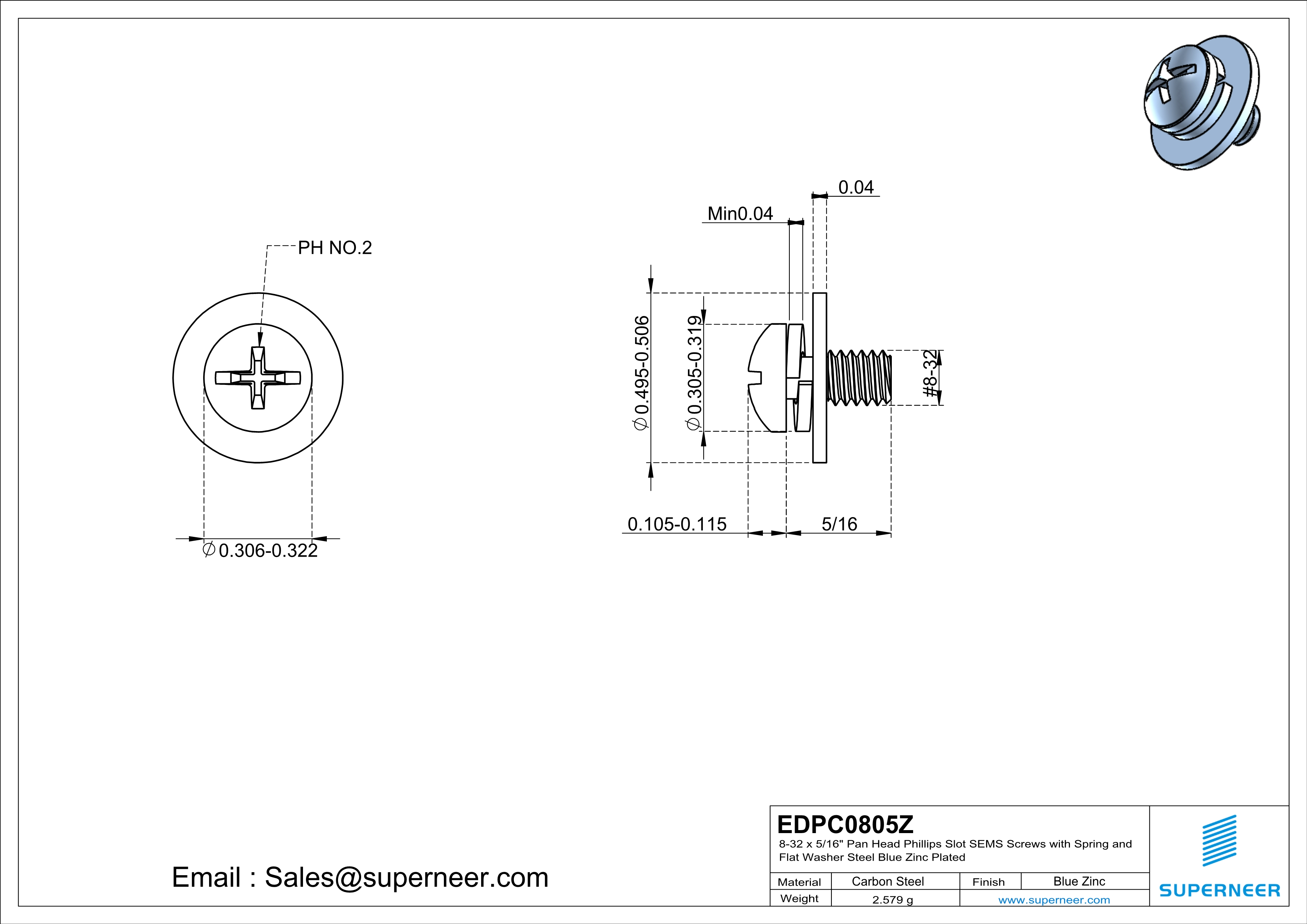 8-32 x 5/16" Pan Head Phillips Slot SEMS Screws with Spring and Flat Washer Steel Blue Zinc Plated