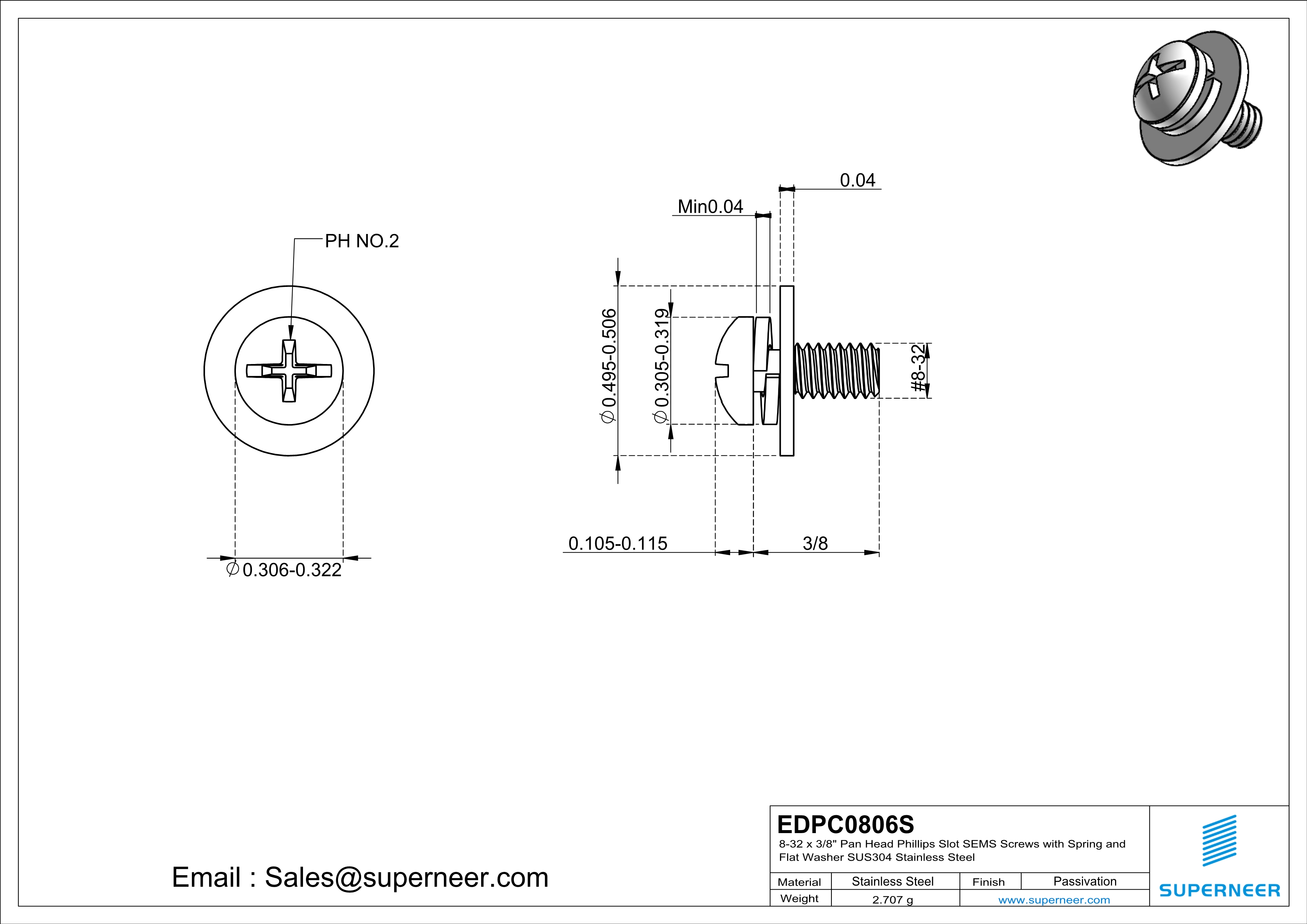 8-32 x 3/8" Pan Head Phillips Slot SEMS Screws with Spring and Flat Washer SUS304 Stainless Steel Inox