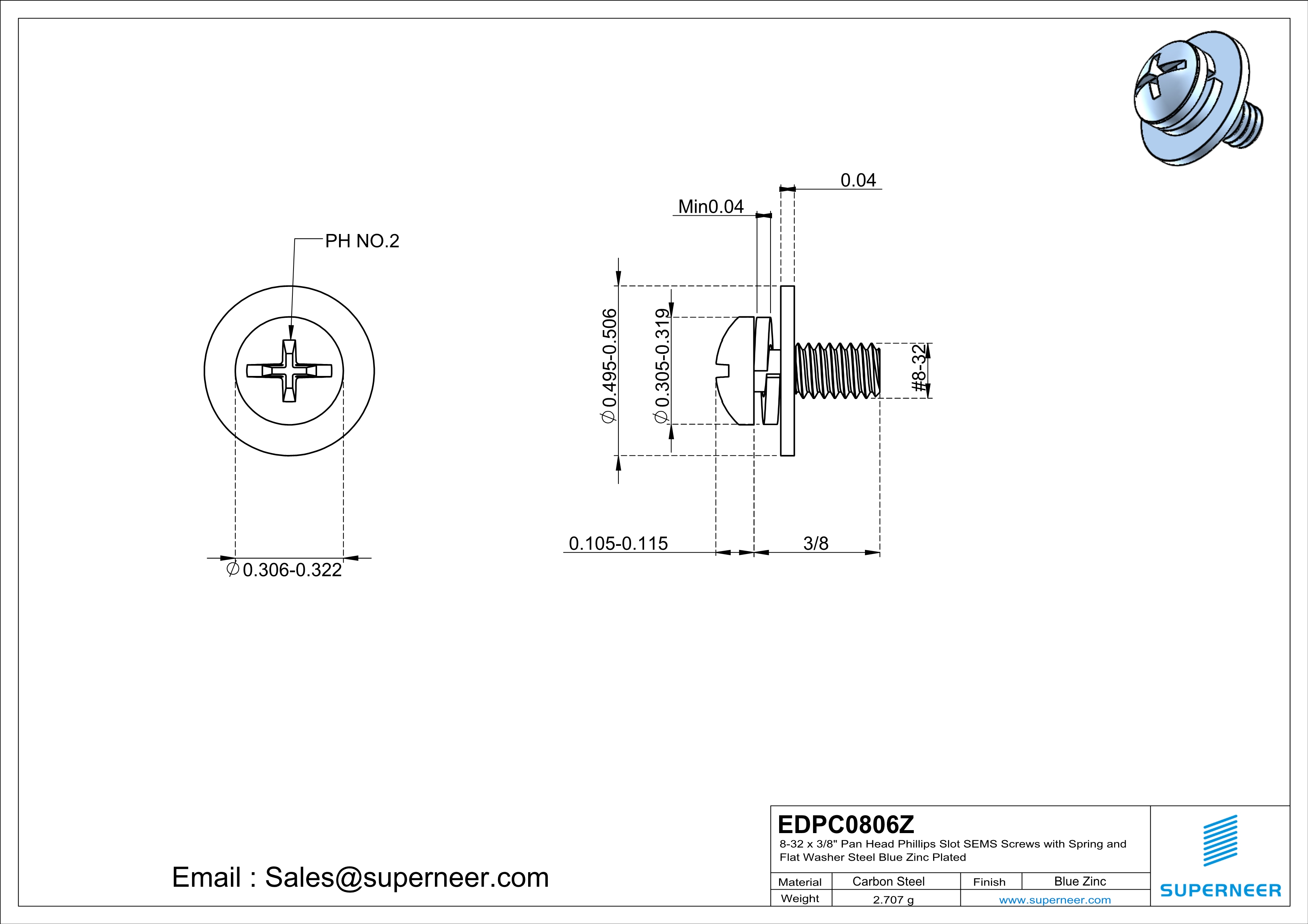 8-32 x 3/8" Pan Head Phillips Slot SEMS Screws with Spring and Flat Washer Steel Blue Zinc Plated