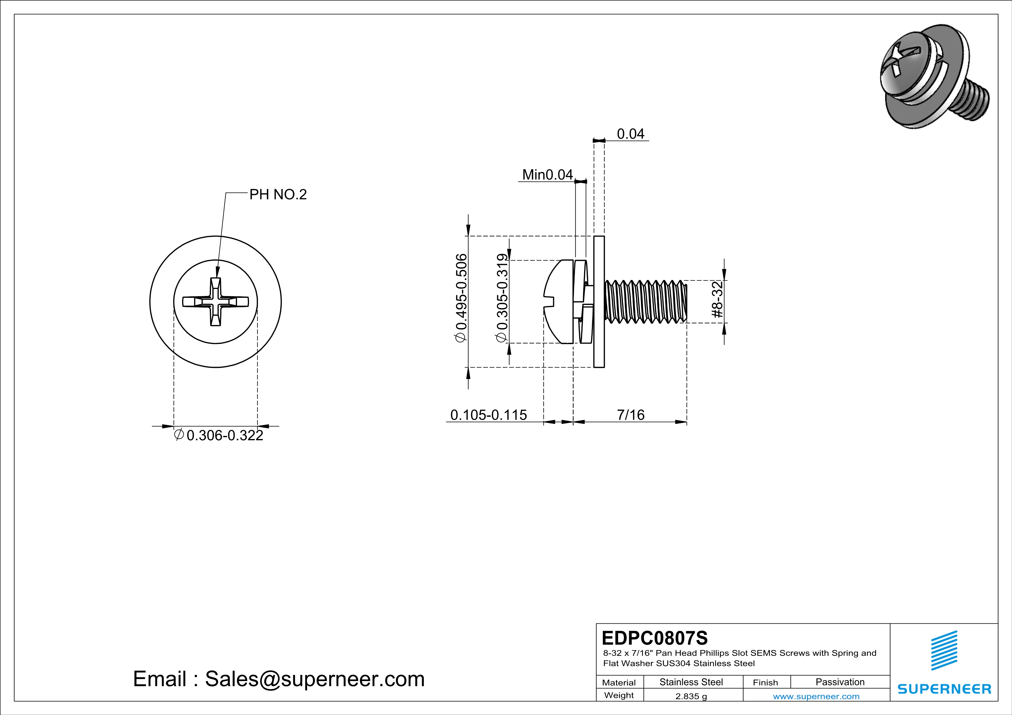 8-32 x 7/16" Pan Head Phillips Slot SEMS Screws with Spring and Flat Washer SUS304 Stainless Steel Inox