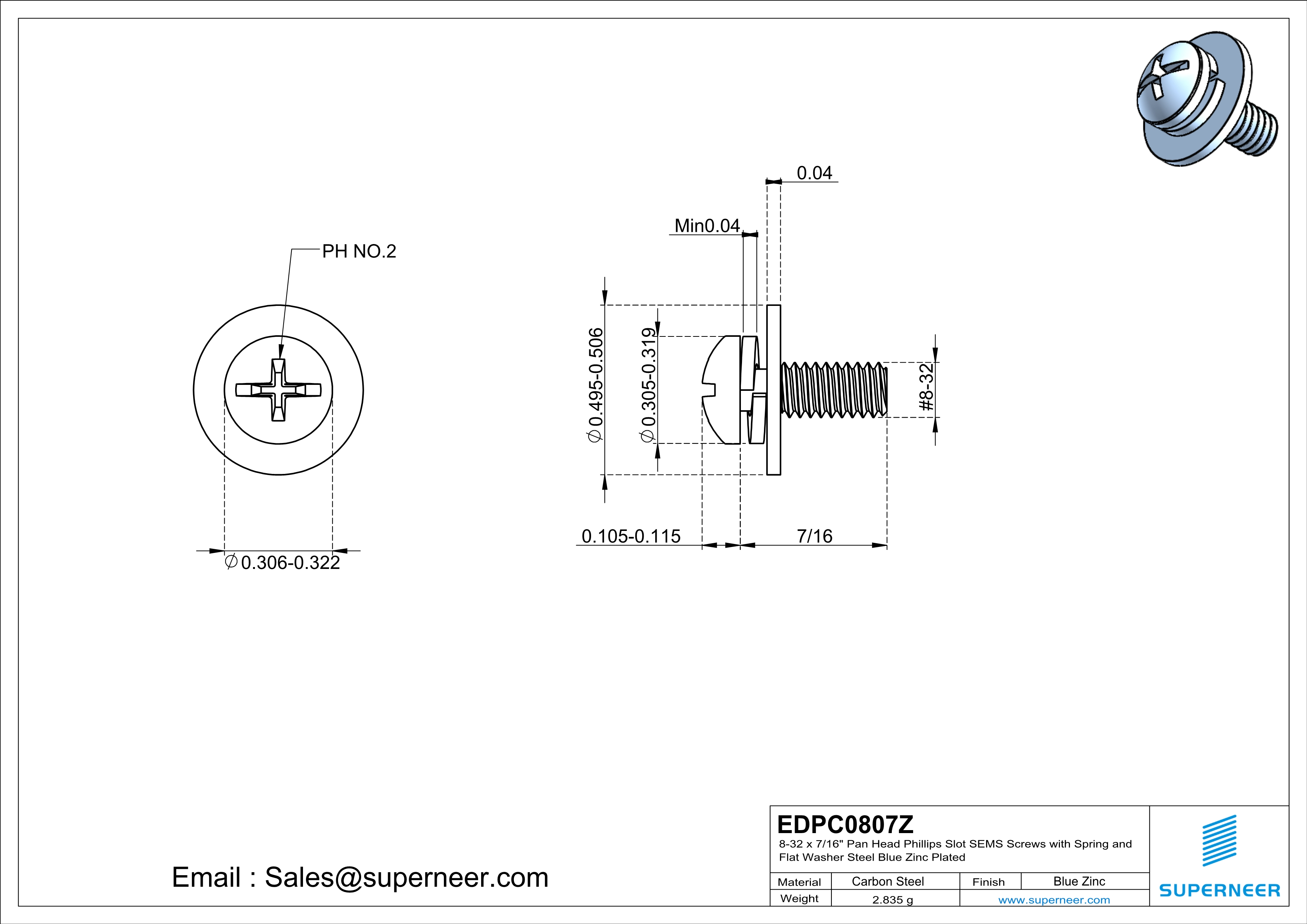 8-32 x 7/16" Pan Head Phillips Slot SEMS Screws with Spring and Flat Washer Steel Blue Zinc Plated