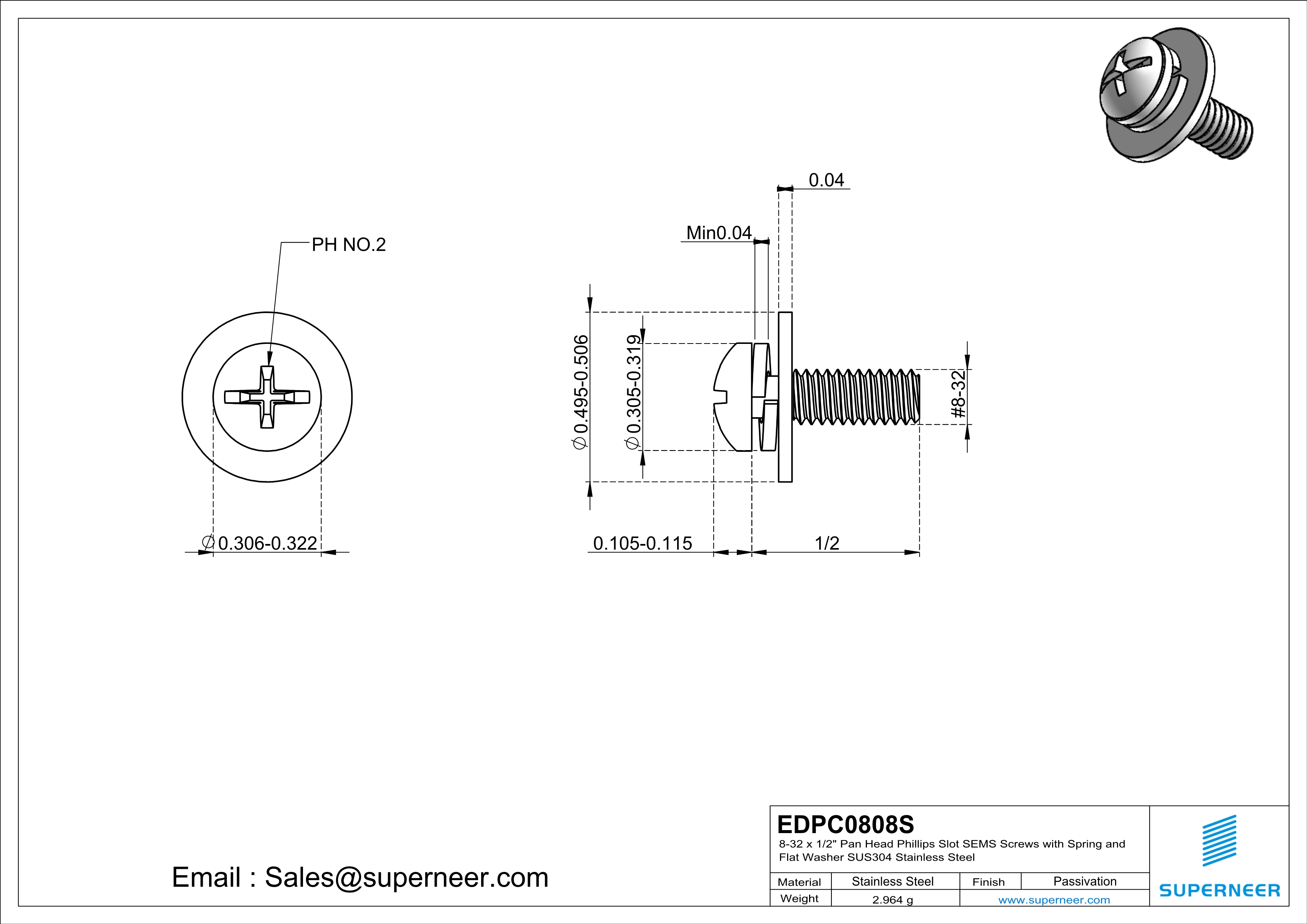 8-32 x 1/2" Pan Head Phillips Slot SEMS Screws with Spring and Flat Washer SUS304 Stainless Steel Inox