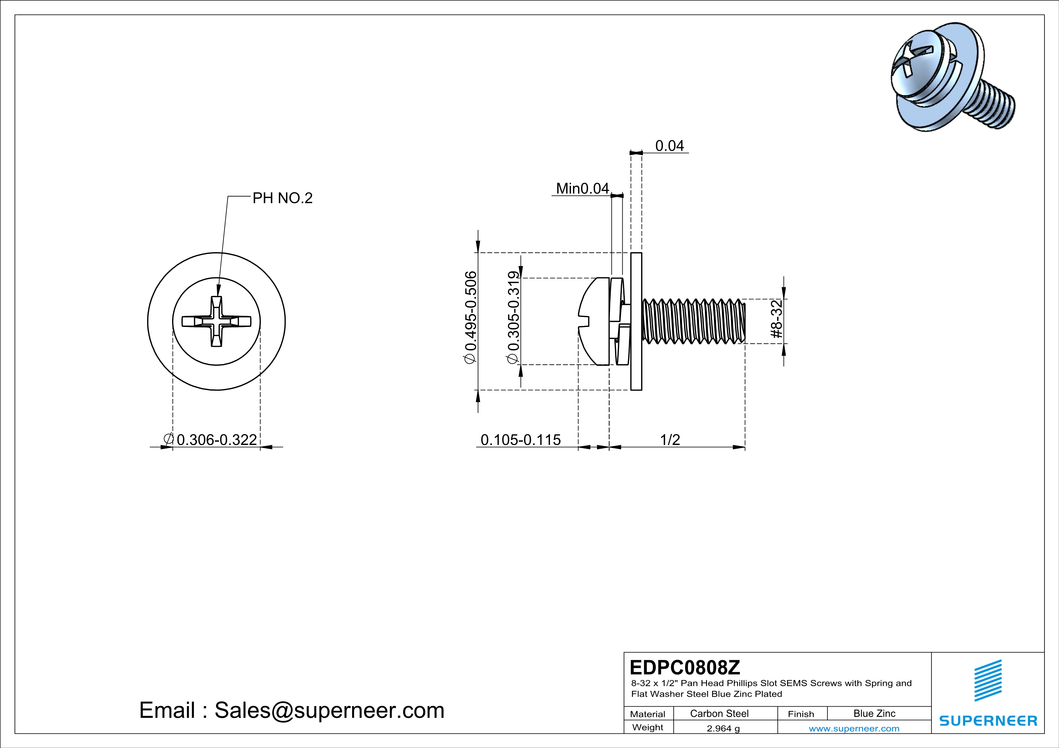 8-32 x 1/2" Pan Head Phillips Slot SEMS Screws with Spring and Flat Washer Steel Blue Zinc Plated