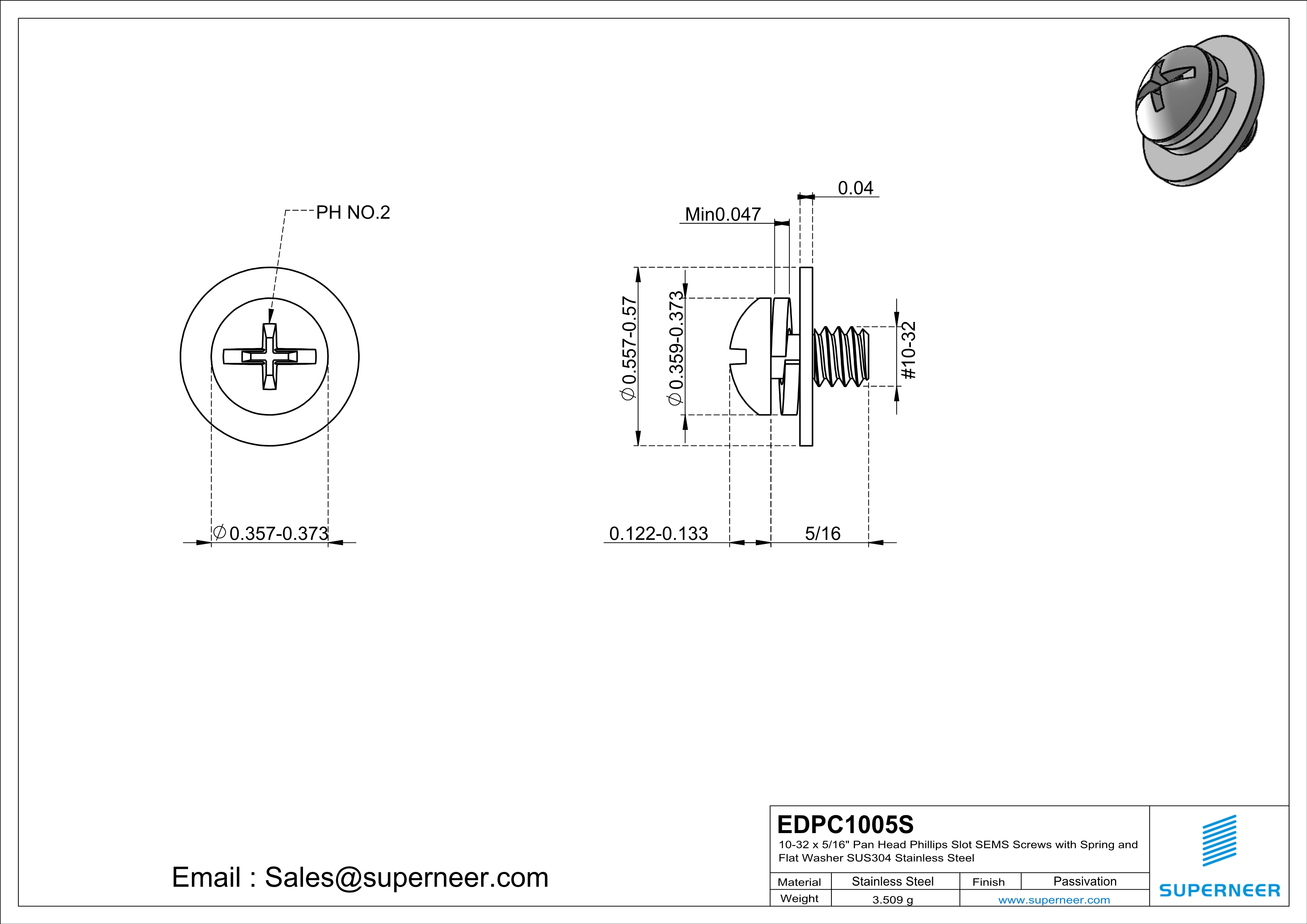 10-32 x 5/16" Pan Head Phillips Slot SEMS Screws with Spring and Flat Washer SUS304 Stainless Steel Inox