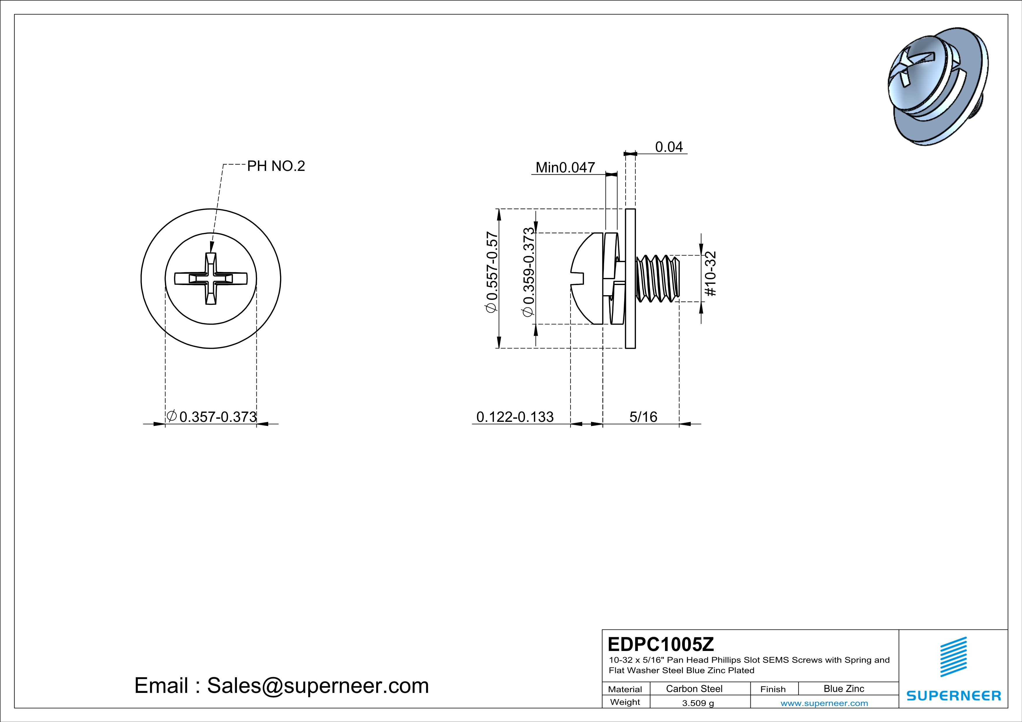 10-32 x 5/16" Pan Head Phillips Slot SEMS Screws with Spring and Flat Washer Steel Blue Zinc Plated