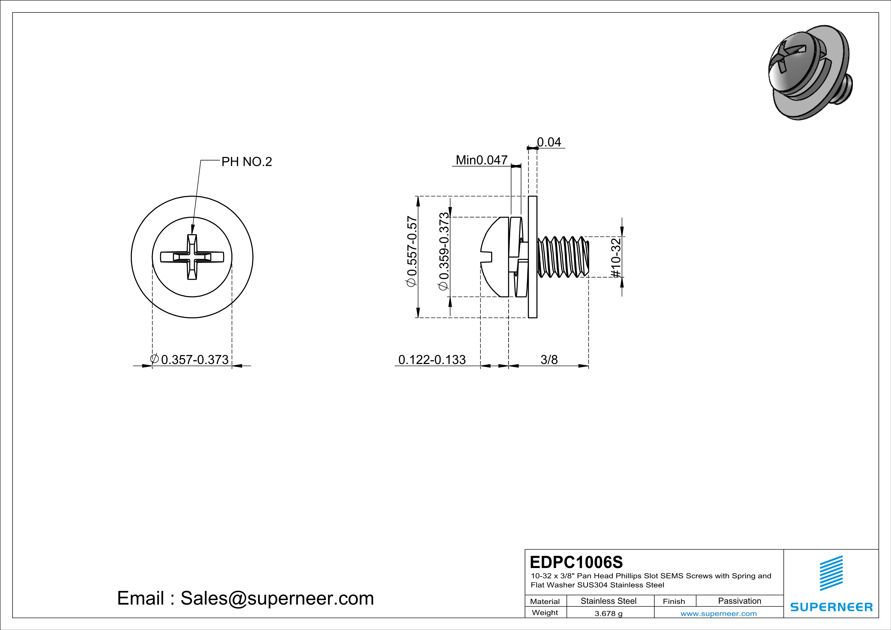 10-32 x 3/8" Pan Head Phillips Slot SEMS Screws with Spring and Flat Washer SUS304 Stainless Steel Inox